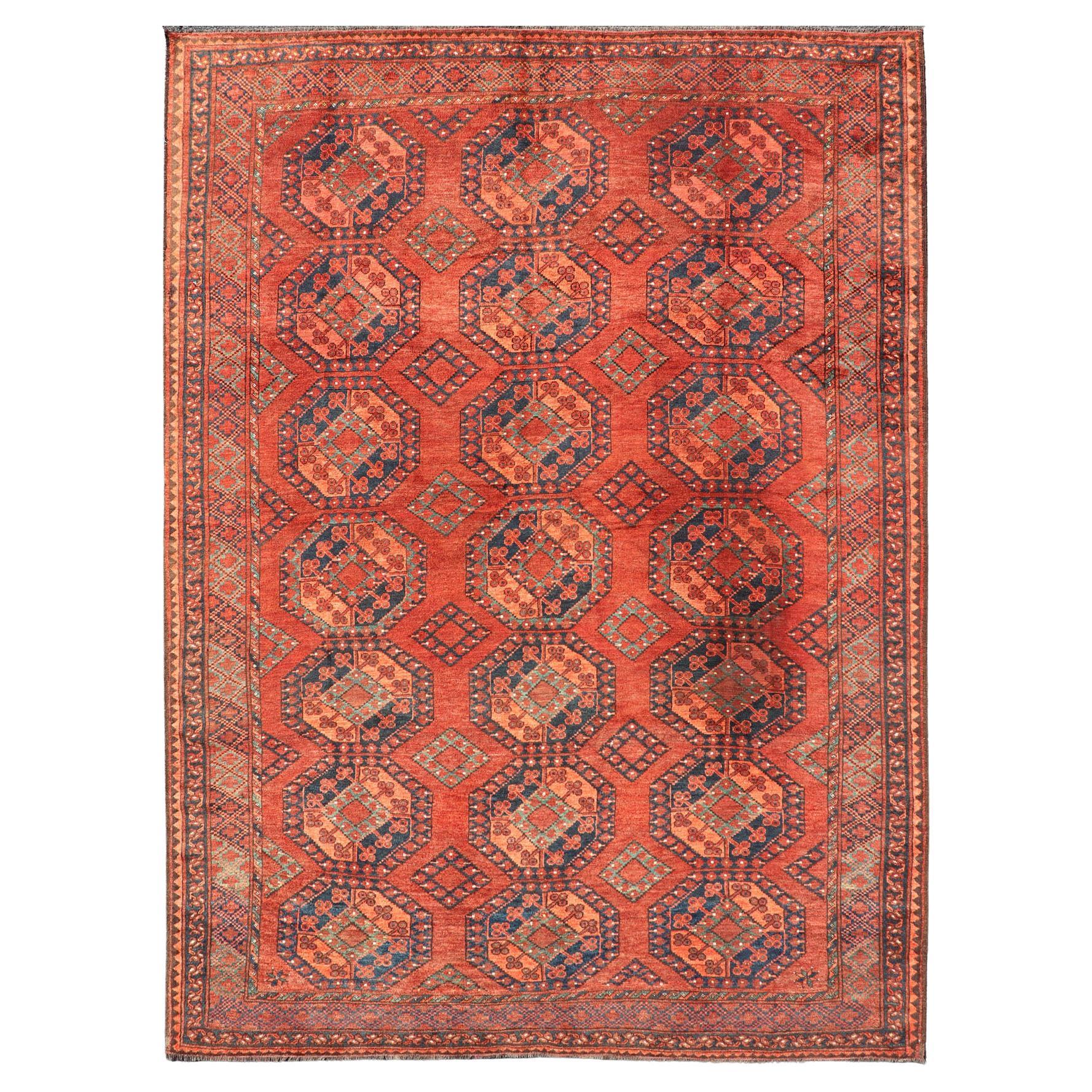 Early 20th Century Hand-Knotted Turkomen Ersari Rug in Wool with Gul Design