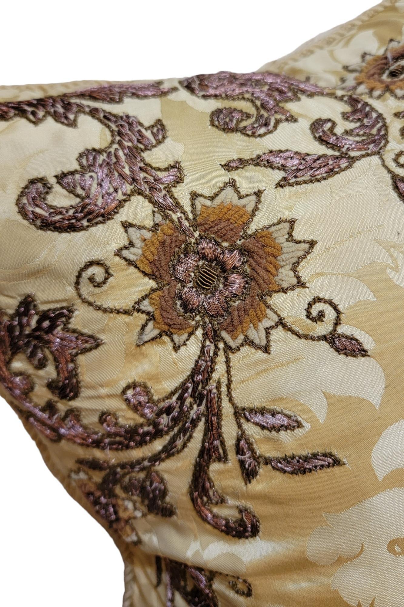 French Provincial Early 20th Century Hand Made Pillow With Copper Sewn Floral Decor