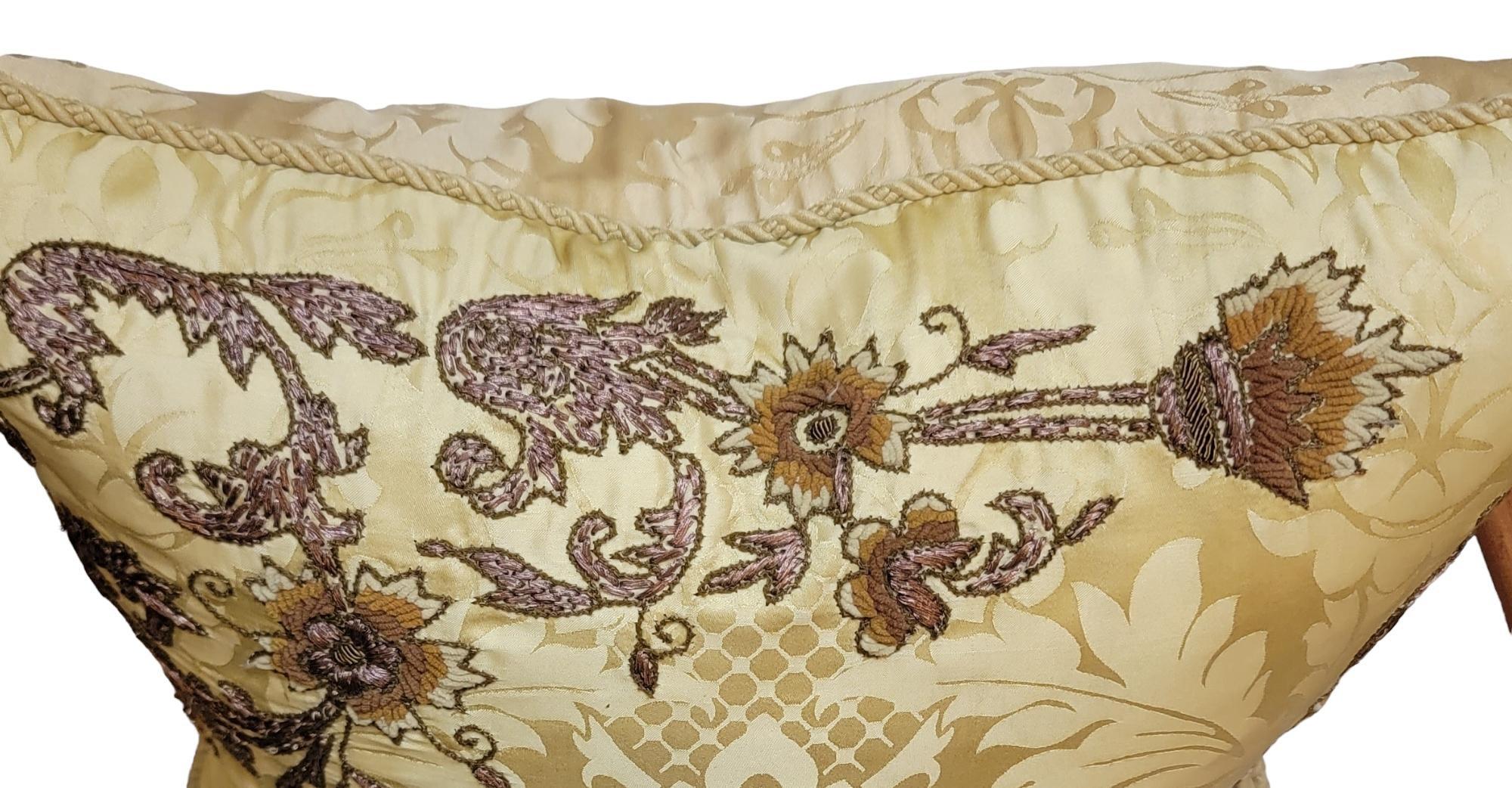 Early 20th Century Hand Made Pillow With Copper Sewn Floral Decor In Good Condition In Pasadena, CA