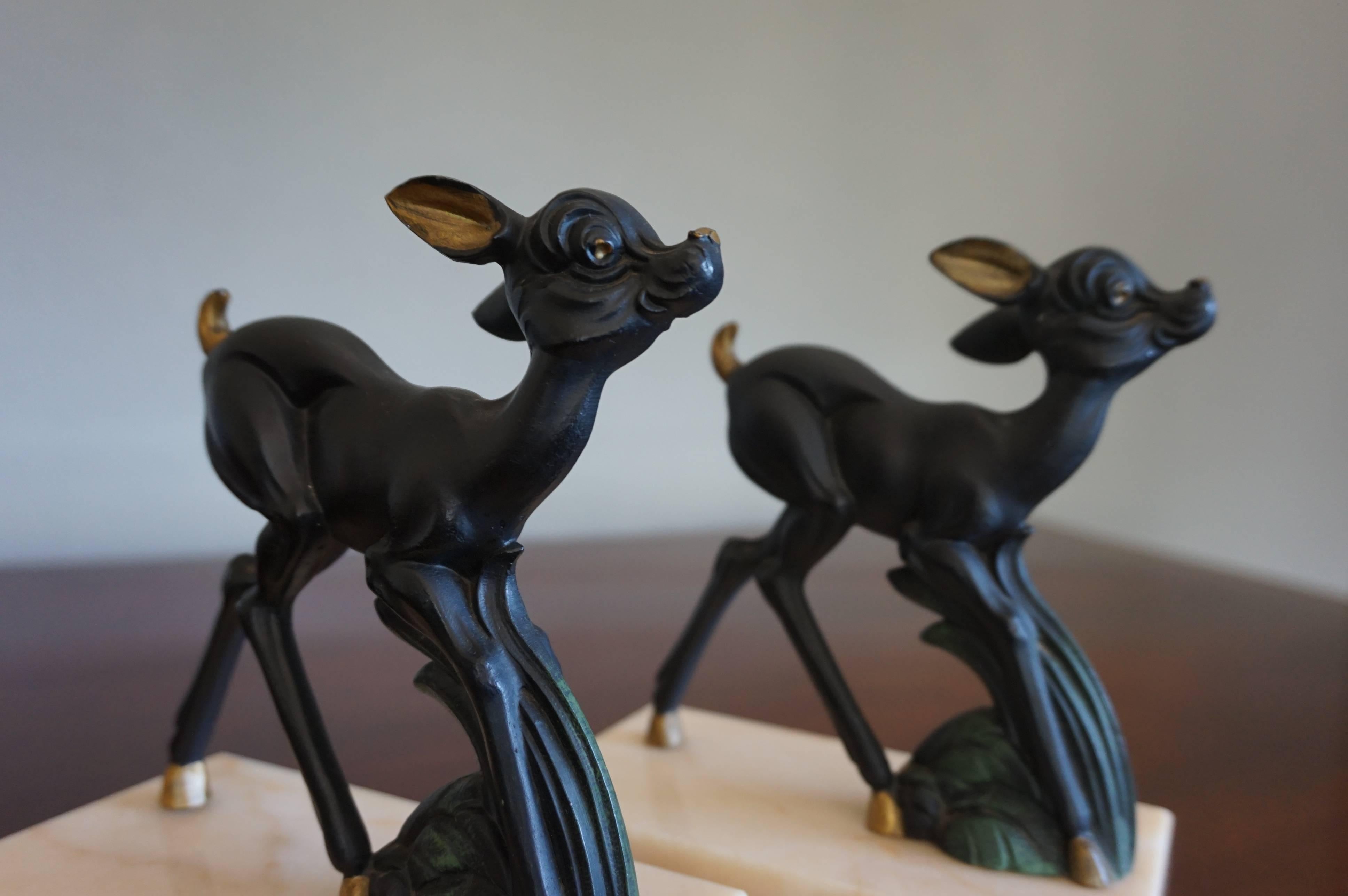 Early 20th Century Hand-Painted Art Deco Bookends w. Bambi Like Deer Sculptures 5