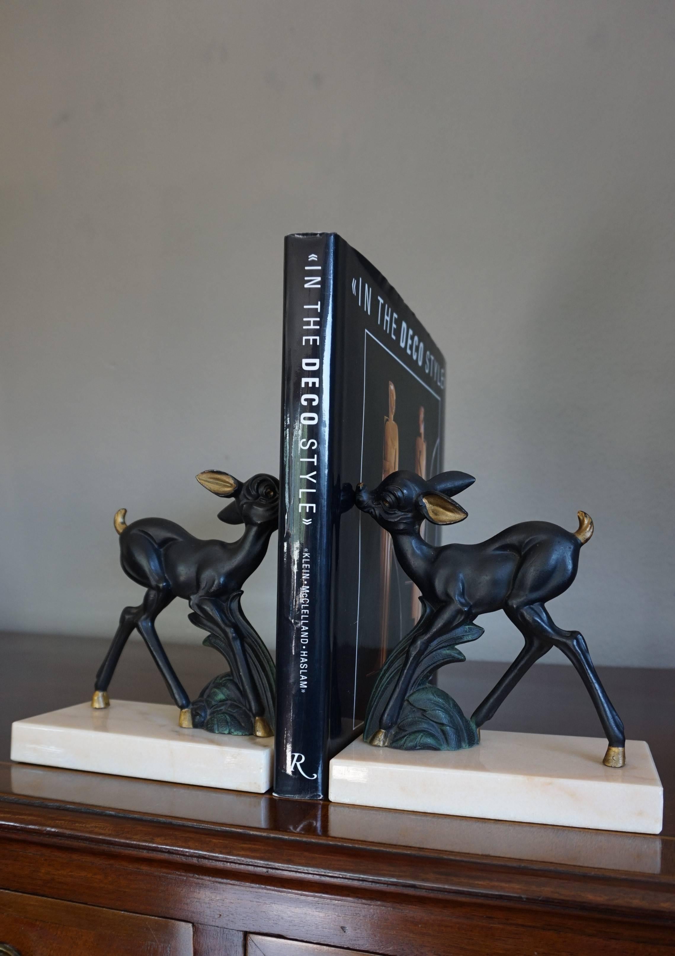 European Early 20th Century Hand-Painted Art Deco Bookends w. Bambi Like Deer Sculptures