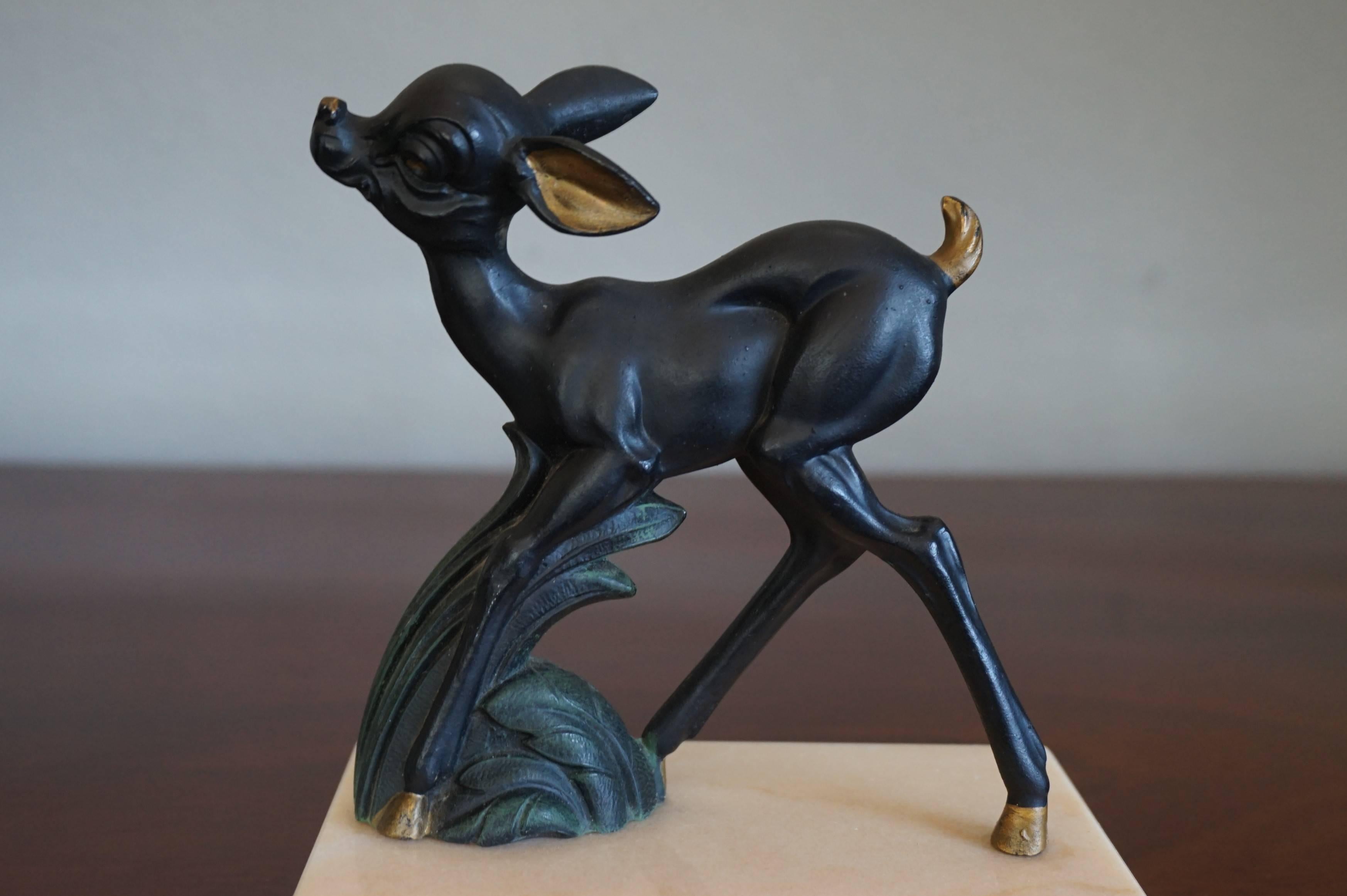 Early 20th Century Hand-Painted Art Deco Bookends w. Bambi Like Deer Sculptures In Excellent Condition In Lisse, NL