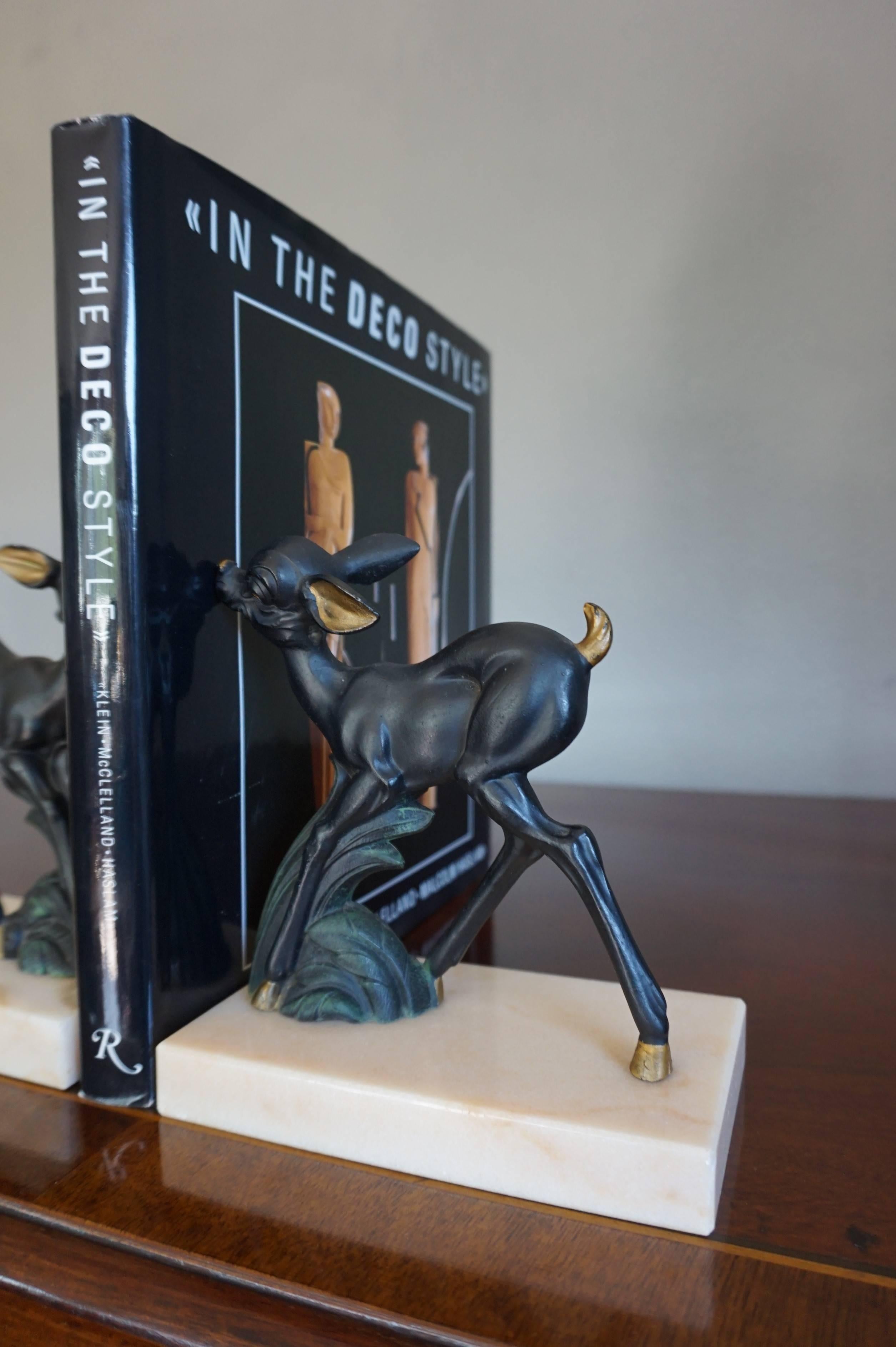 Early 20th Century Hand-Painted Art Deco Bookends w. Bambi Like Deer Sculptures 1