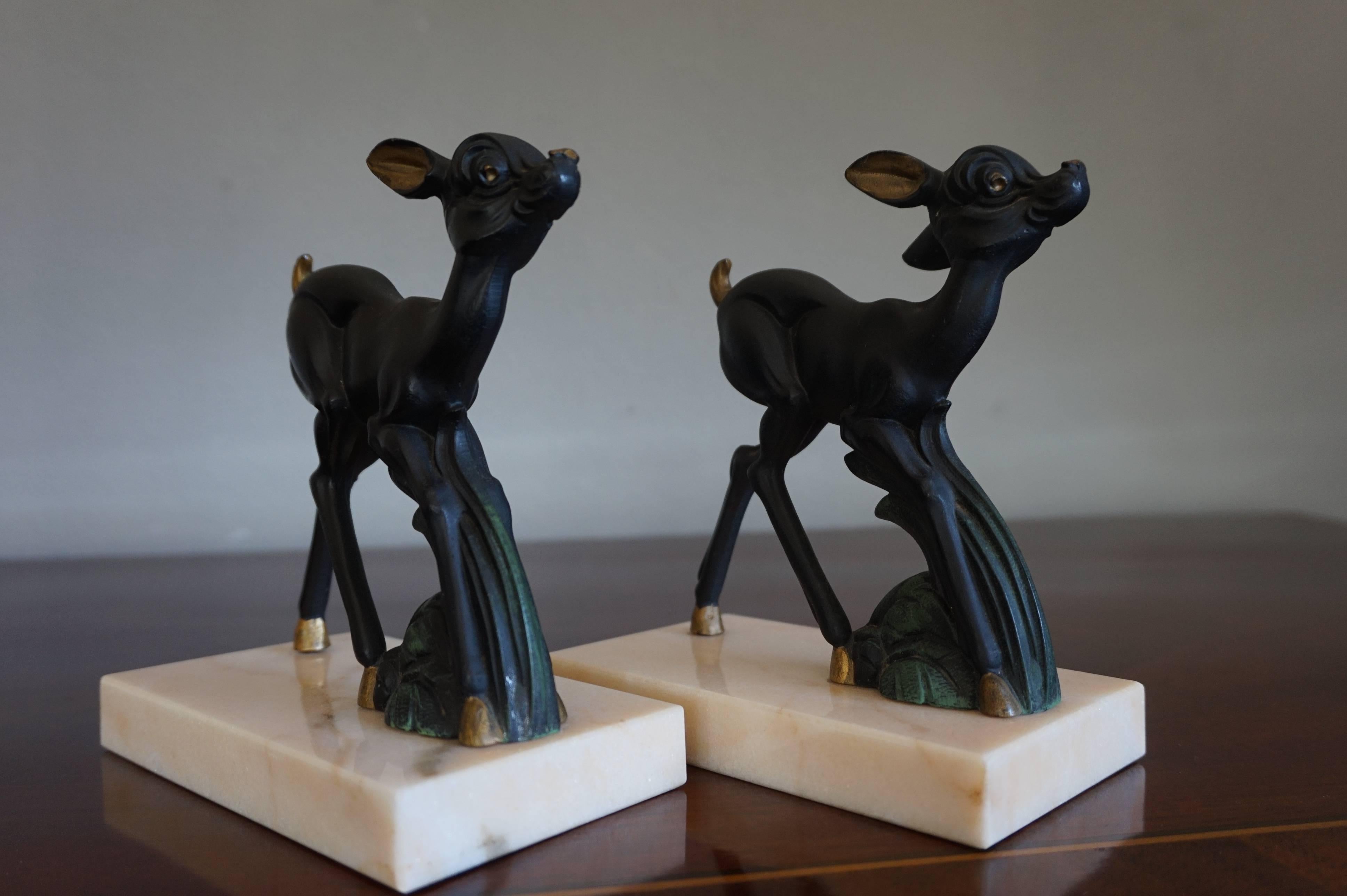 Early 20th Century Hand-Painted Art Deco Bookends w. Bambi Like Deer Sculptures 4