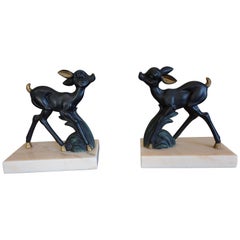 Early 20th Century Hand-Painted Art Deco Bookends w. Bambi Like Deer Sculptures