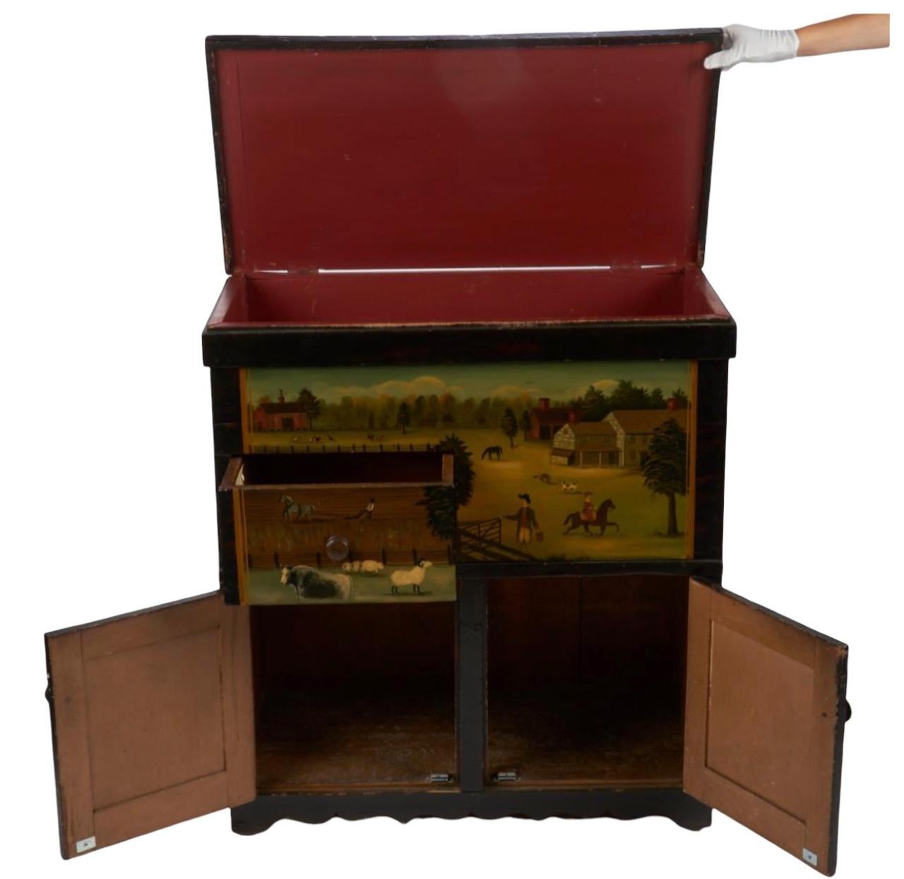Ralph Cohoon Kabinett des frühen 20. Jahrhunderts. Kommodenschrank mit bemalten Paneelen und Schubladen, die eine Bauernhofszene darstellen. Auf der Innenseite der Schublade befindet sich ein Etikett mit der Aufschrift 