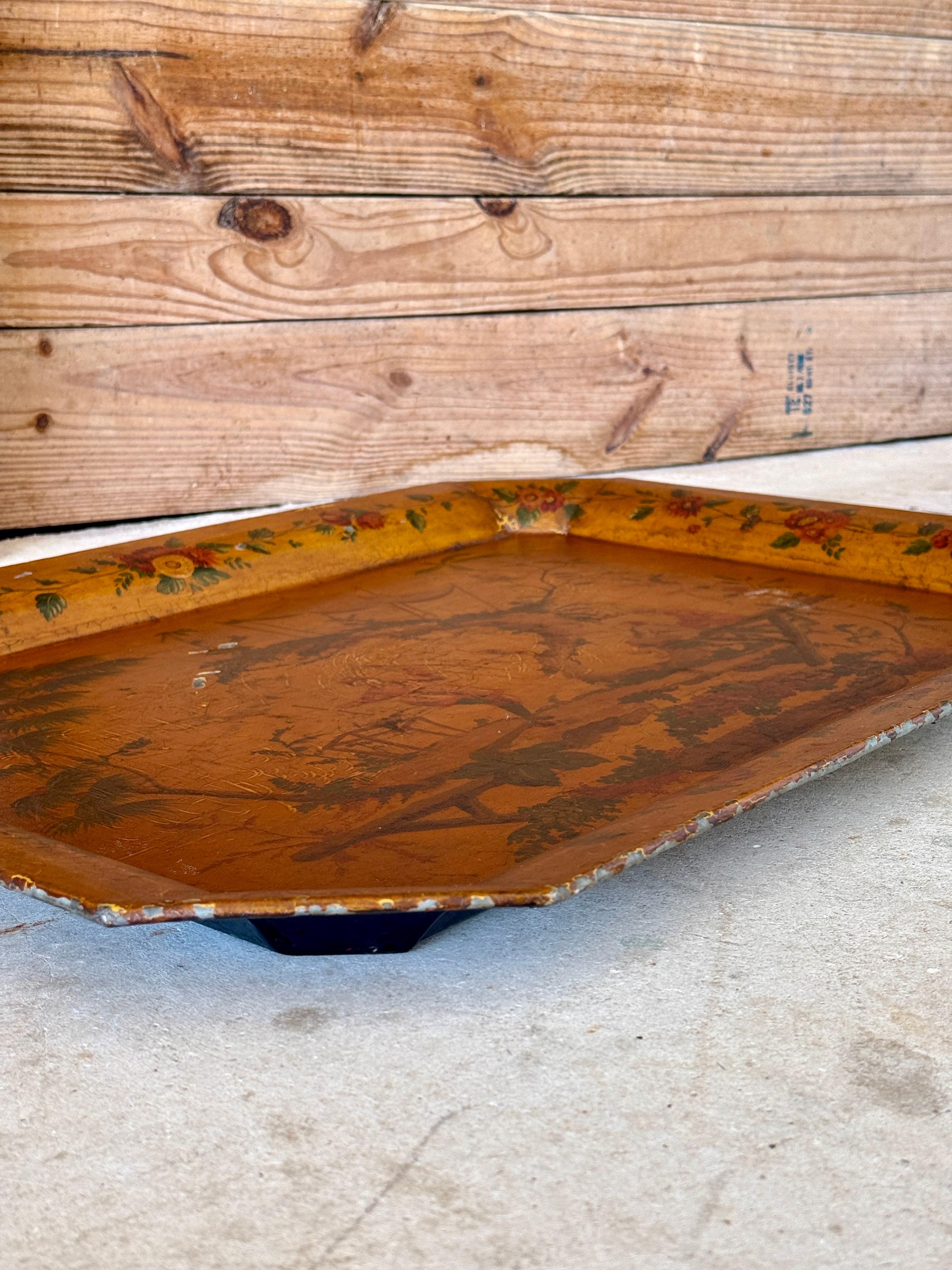 Bandeja de cerámica china pintada a mano de principios del siglo XX Metal en venta