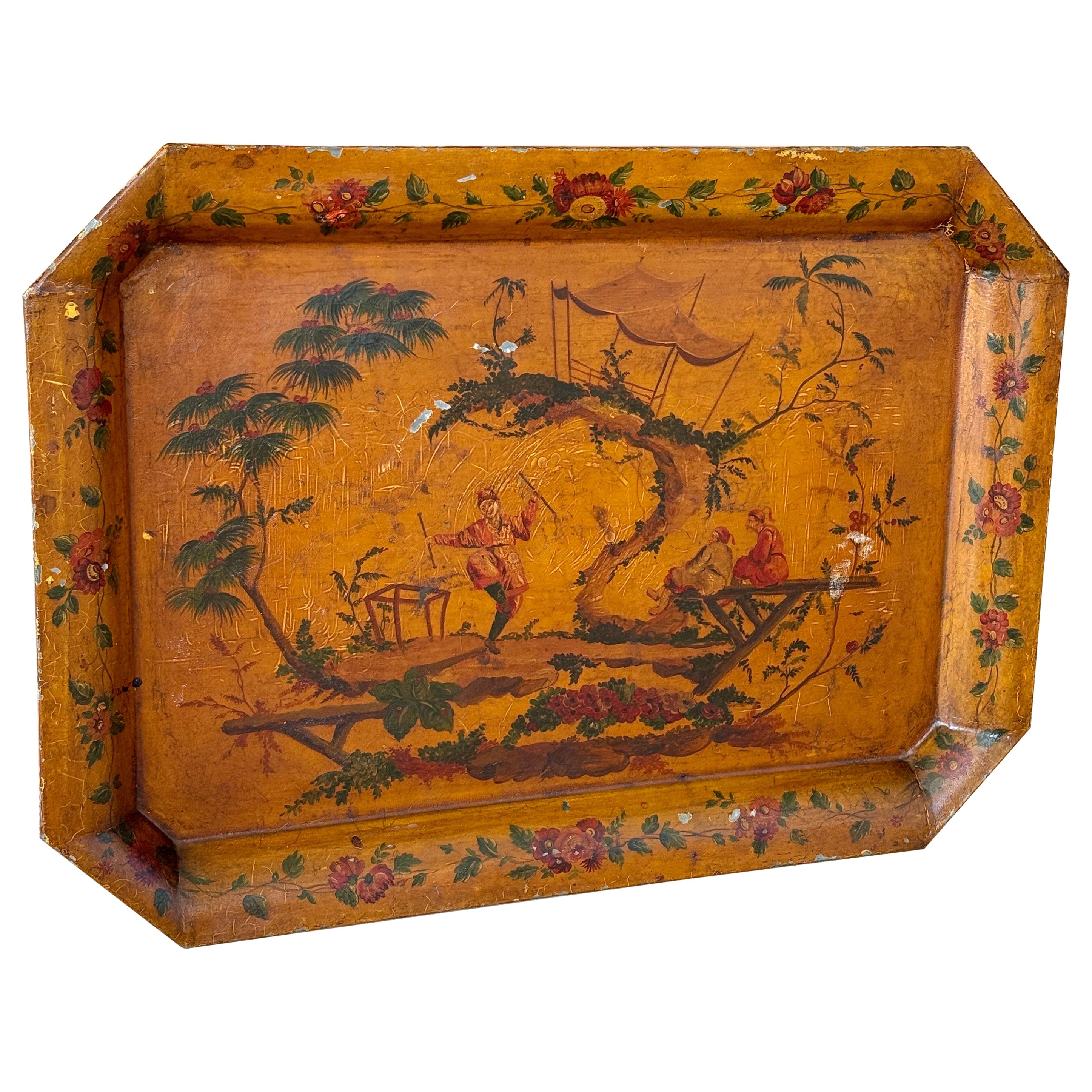 Vassoio in toleware Chinoiserie dipinto a mano dei primi del Novecento