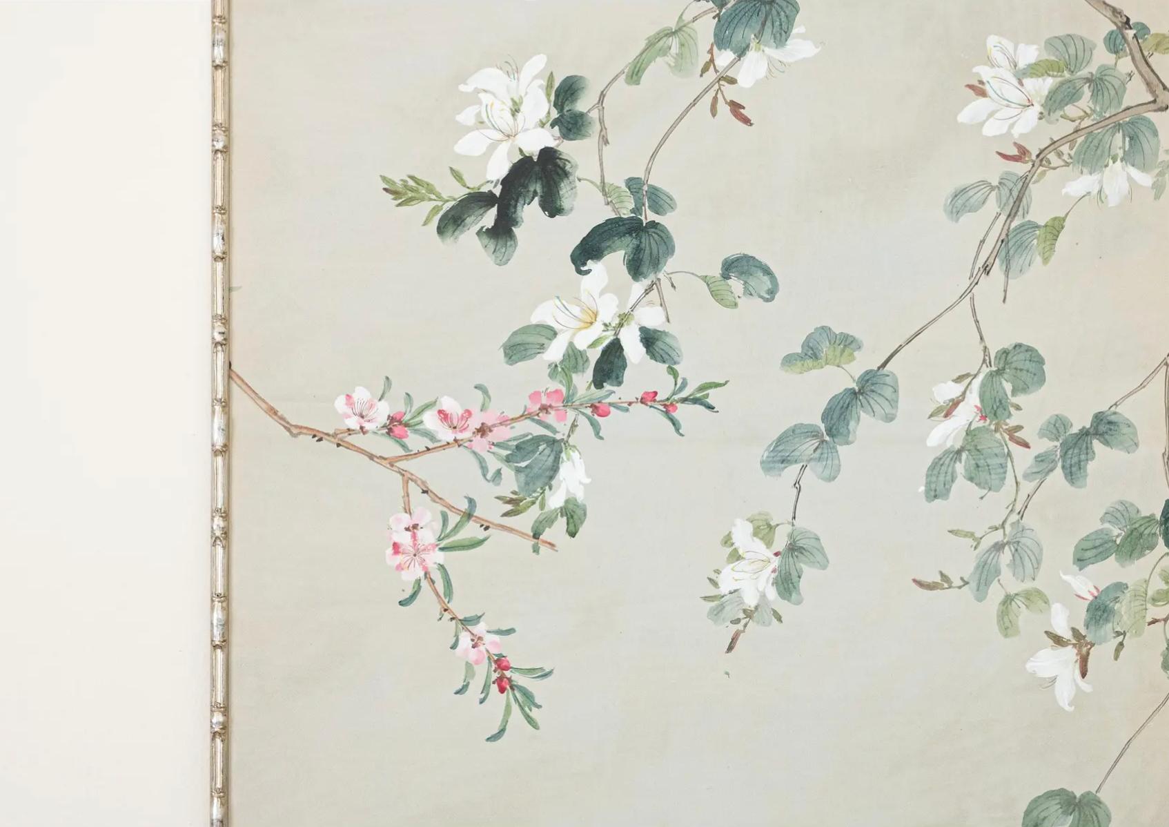Chinoiserie Hand Painted Gracie Wallpaper Panel in Silvered Bamboo Frame For Sale