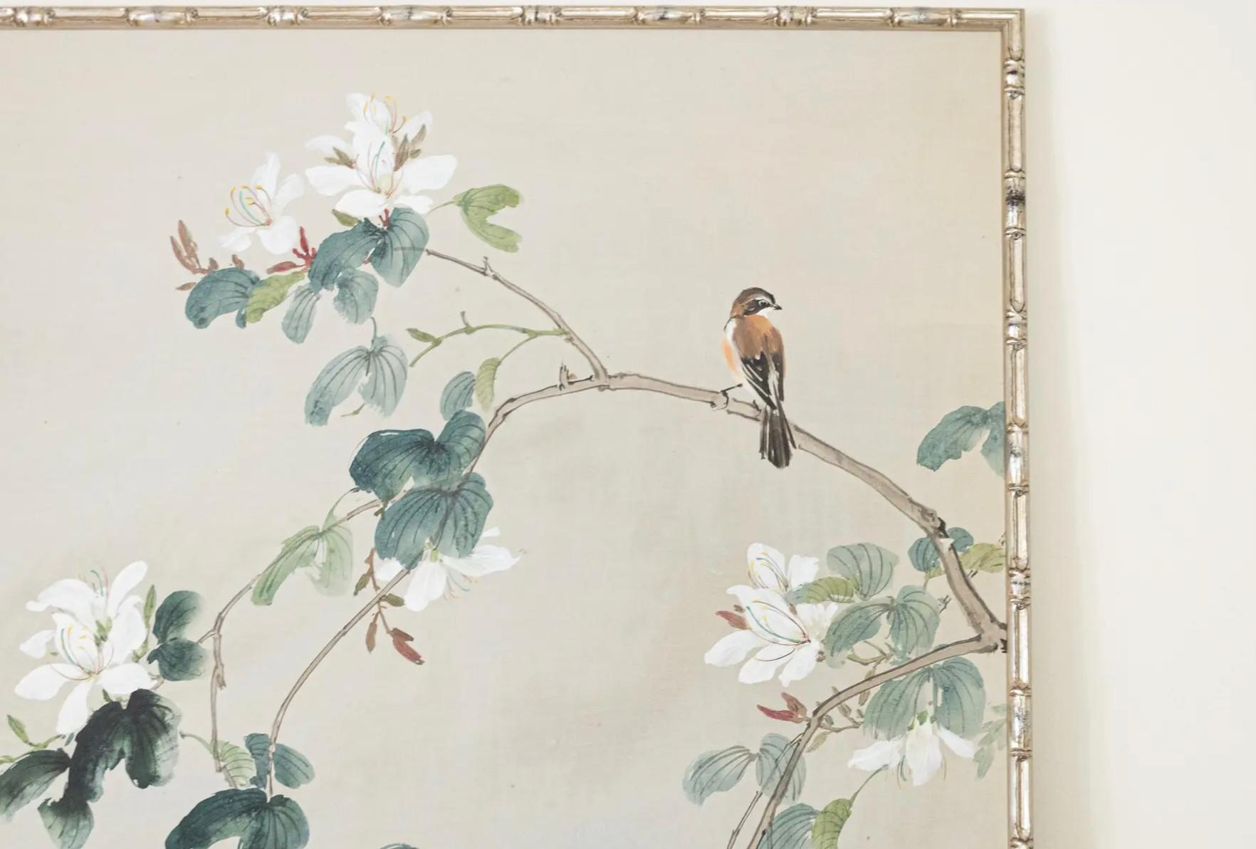 Hand-Painted Hand Painted Gracie Wallpaper Panel in Silvered Bamboo Frame For Sale