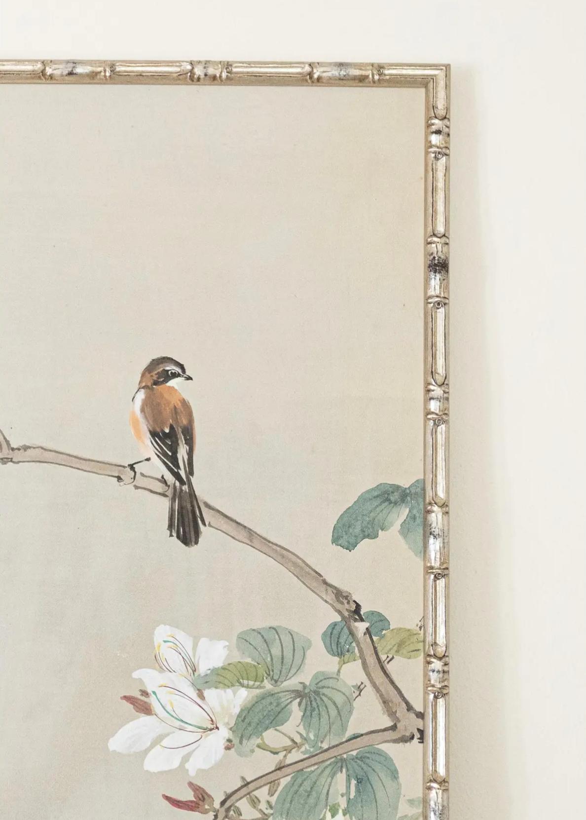 Hand Painted Gracie Wallpaper Panel in Silvered Bamboo Frame In Good Condition For Sale In Atlanta, GA
