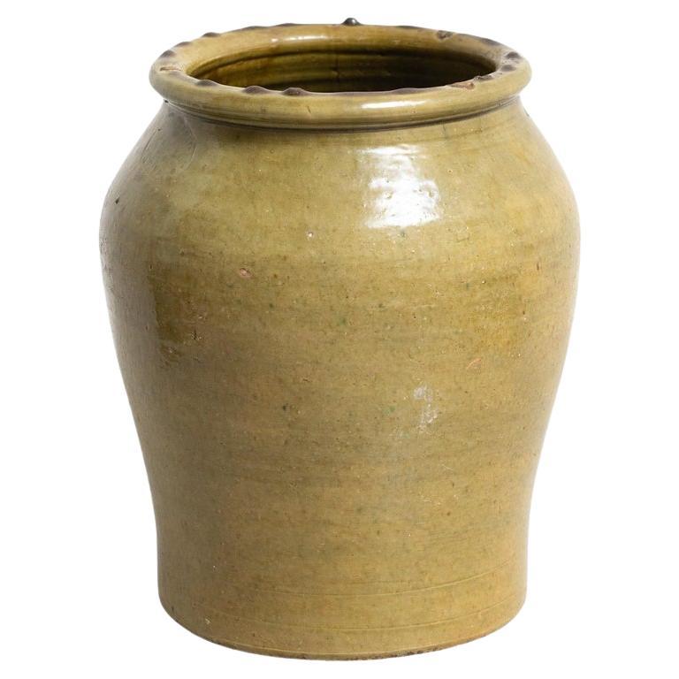 Early 20th Century Hand Painted Green Rustic Popular Traditional Ceramic Vase For Sale