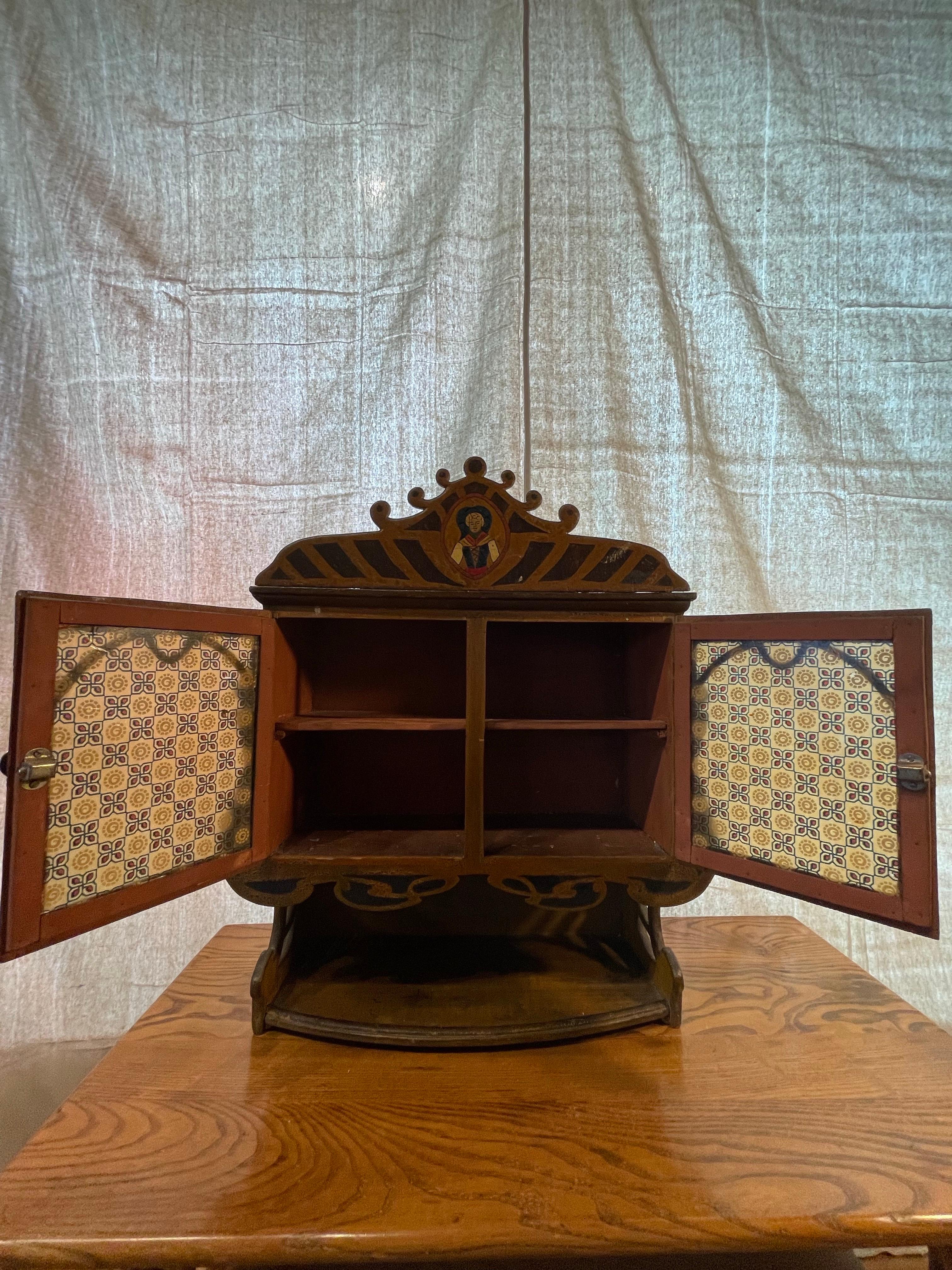Hand-Crafted Early 20th Century Hand-Painted Hanging Wall Cabinet with Folk Art Detailing For Sale