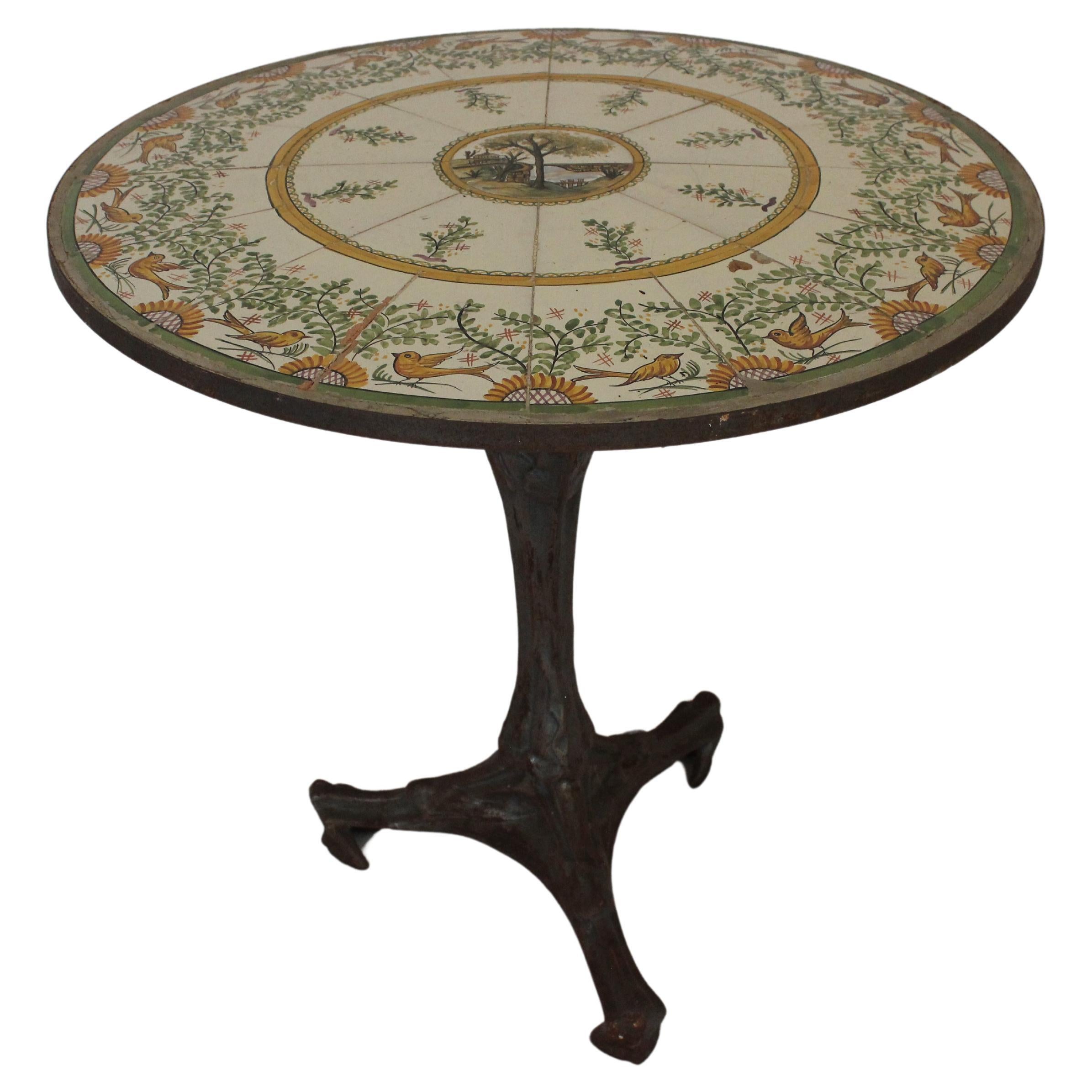 Early 20th Century Hand Painted Italian Tile Table with Art Nouveau Iron Base For Sale