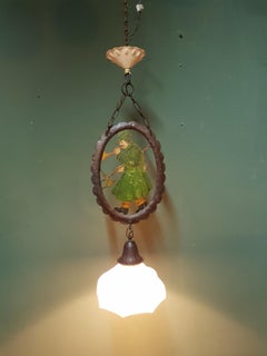 Early 20th Century Hand Painted Metal and Glass Pendant