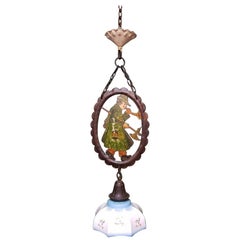 Antique Early 20th Century Hand Painted Metal and Glass Pendant