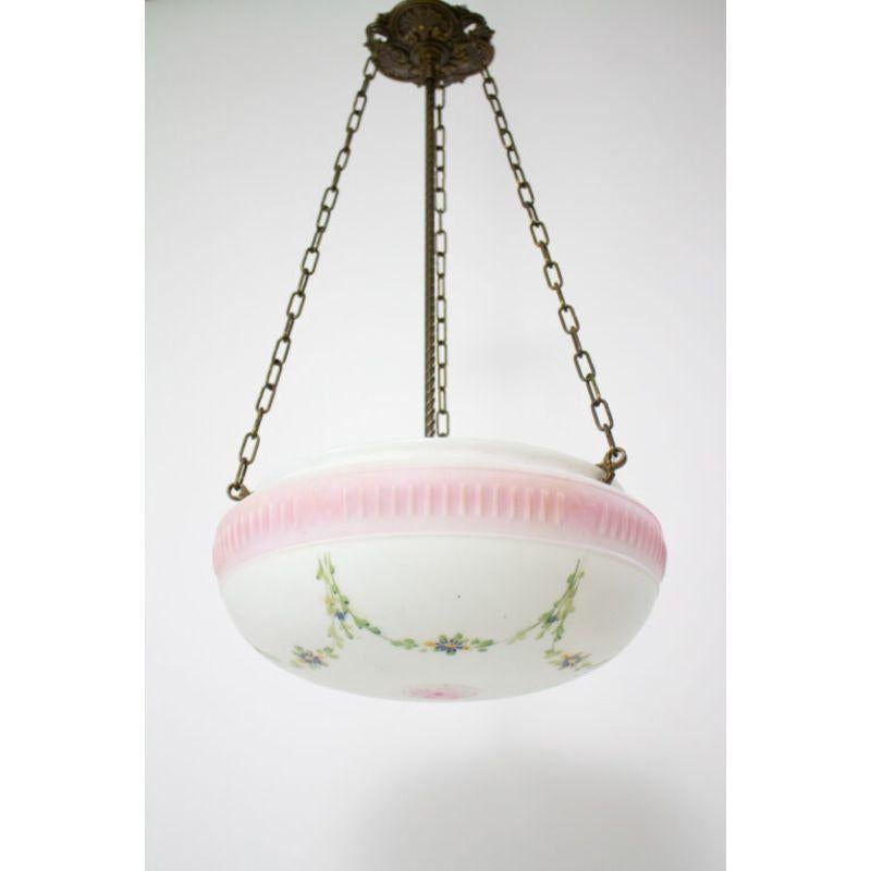 American Early 20th Century Hand Painted Pink Floral Glass Bowl Fixture For Sale