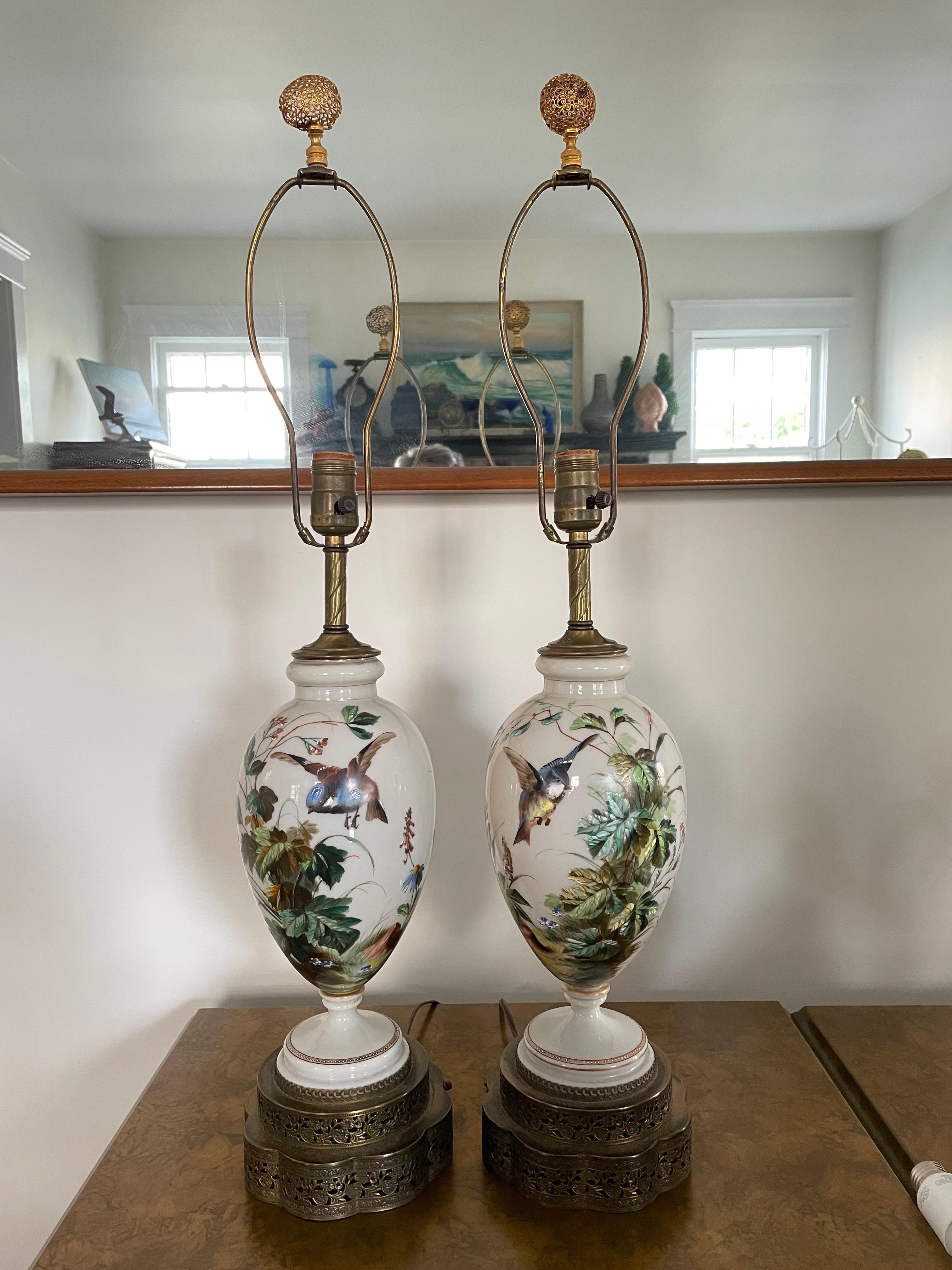 Early 20th Century, Hand Painted Porcelain Blue Bird Lamps, Pair In Good Condition In W Allenhurst, NJ