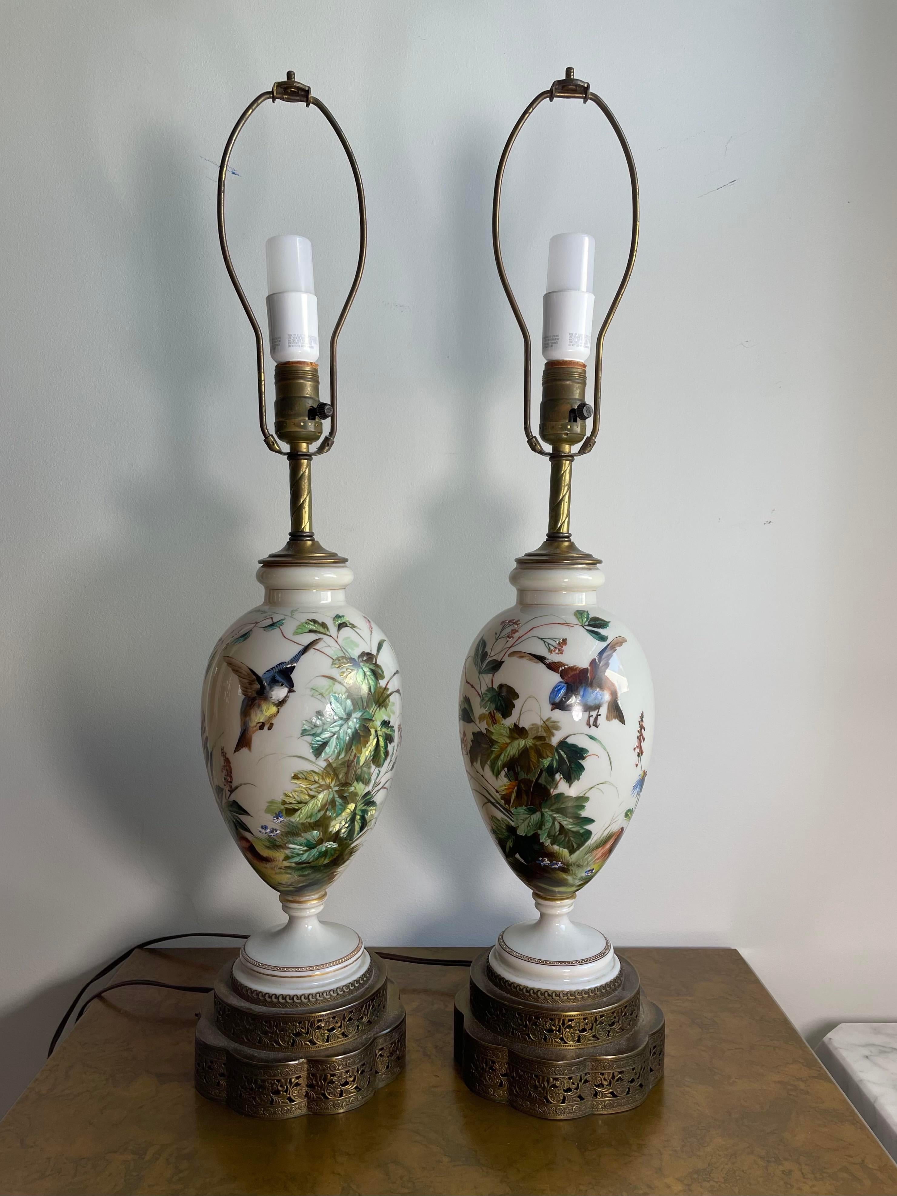 Metal Early 20th Century, Hand Painted Porcelain Blue Bird Lamps, Pair