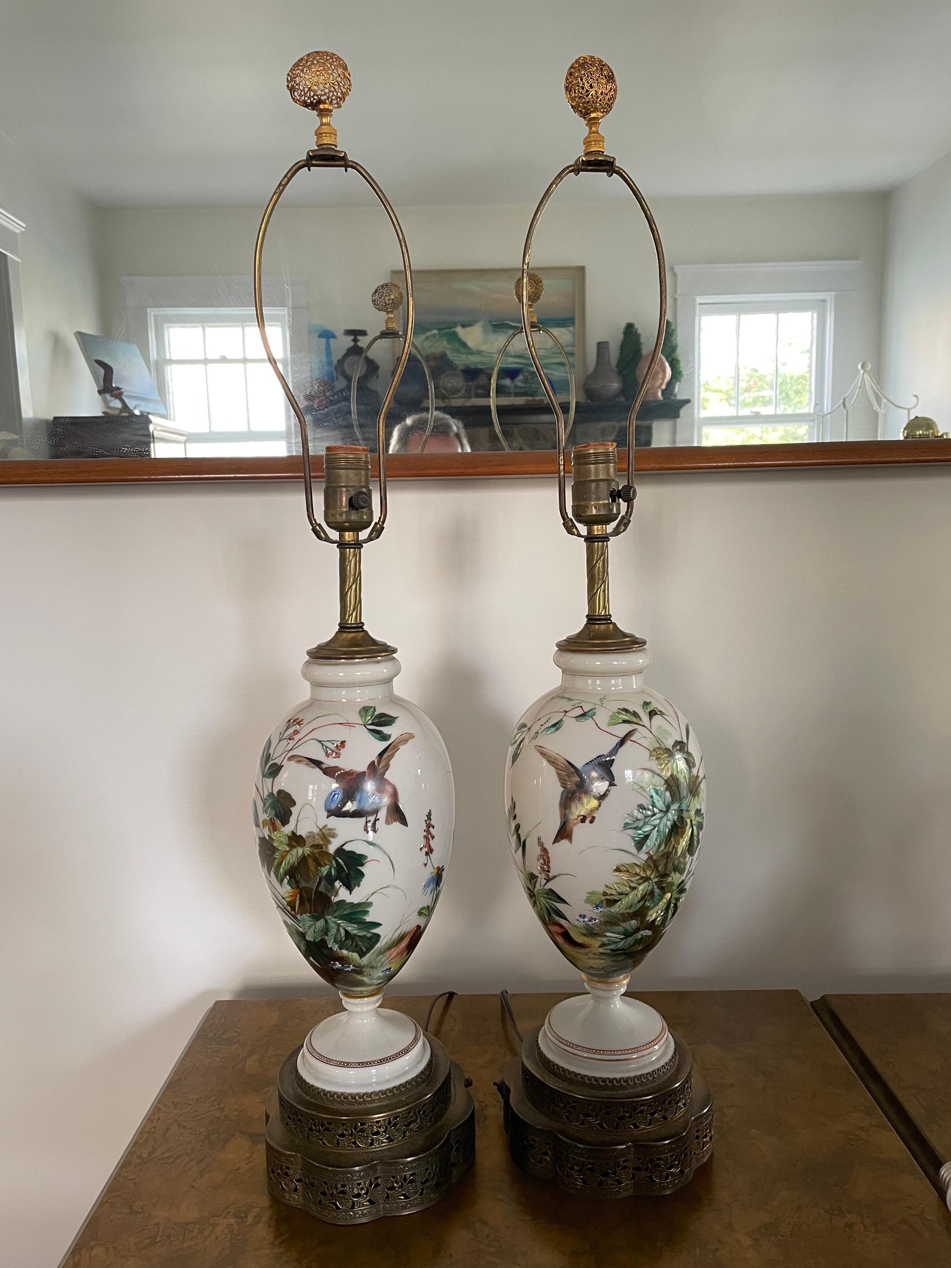 Early 20th Century, Hand Painted Porcelain Blue Bird Lamps, Pair 1