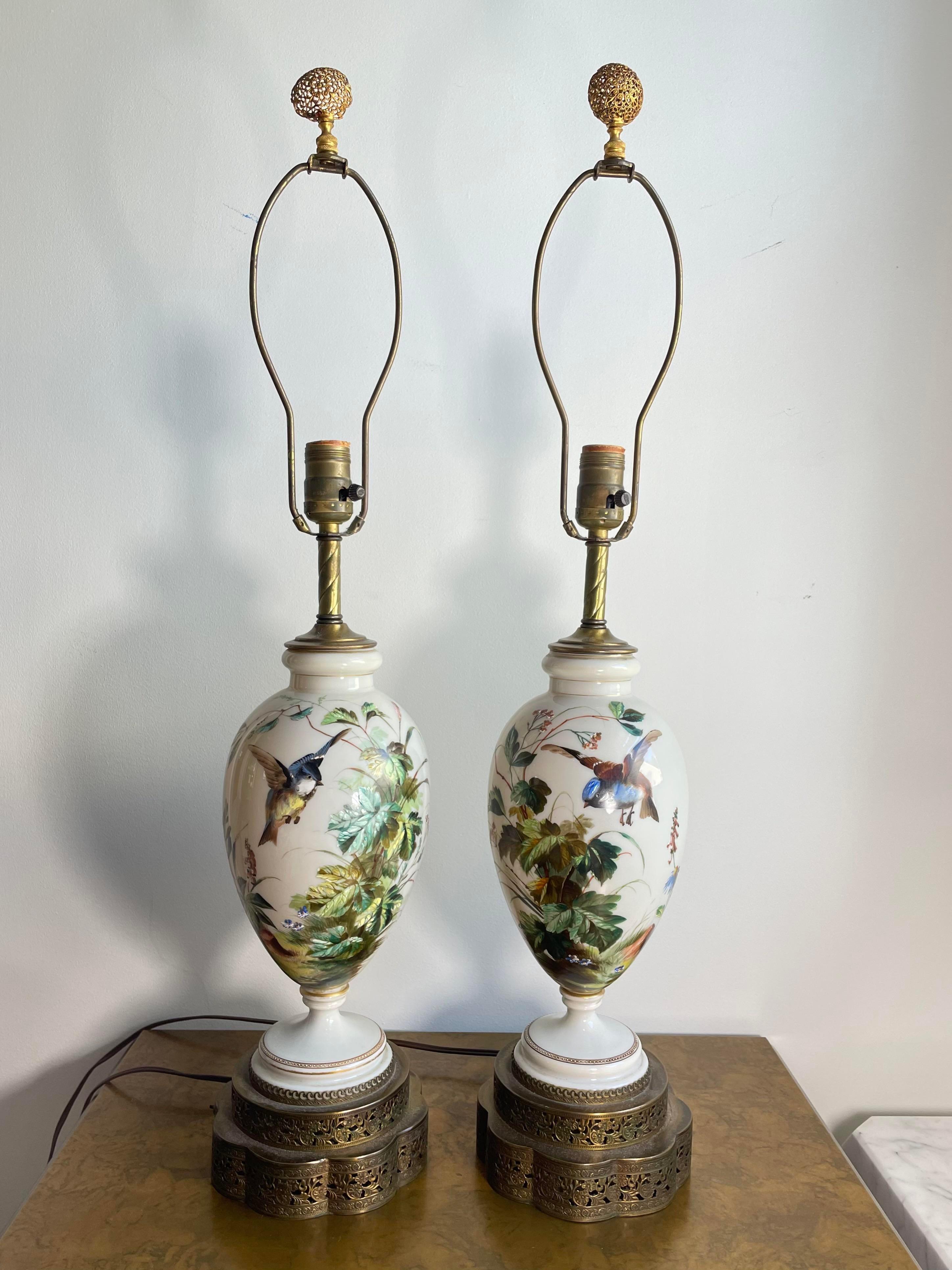 Early 20th Century, Hand Painted Porcelain Blue Bird Lamps, Pair 3