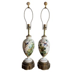 Early 20th Century, Hand Painted Porcelain Blue Bird Lamps, Pair