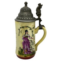 Early 20th Century Hand painted Porcelain Lidded Beer Stein Gnome Thumb Rest