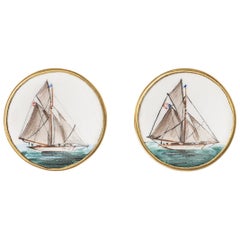 Early 20th Century Hand Painted Yachting Plaques as Cufflinks in 18 Carat Gold