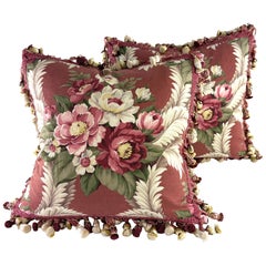 Early 20th century hand printed cotton tasseled floral pillows/pair