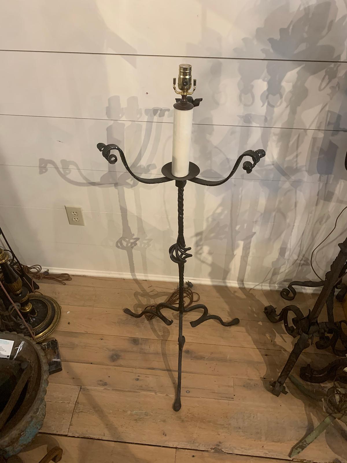 Early 20th Century Hand Wrought Iron Torchère as Floor Lamp In Good Condition In Atlanta, GA