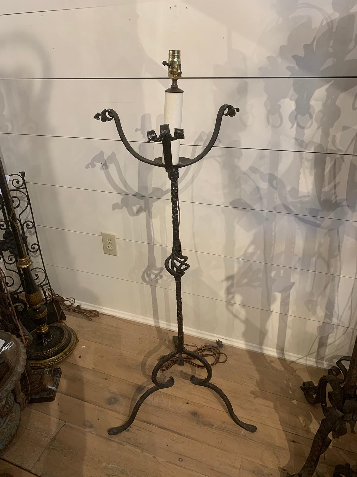 Early 20th Century Hand Wrought Iron Torchère as Floor Lamp 1