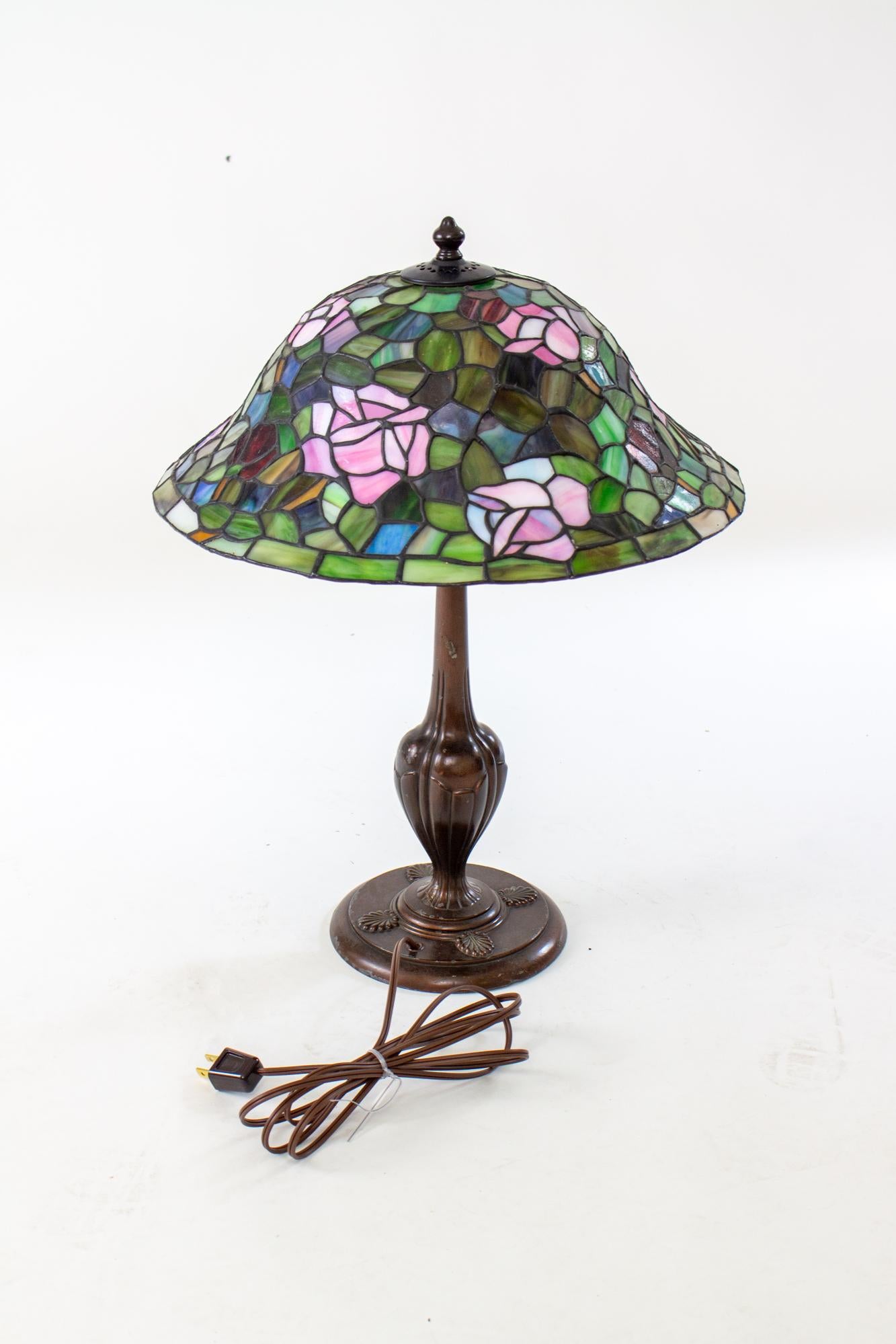 Art Nouveau Early 20th Century Handel Table Lamp with Stained Glass Shade