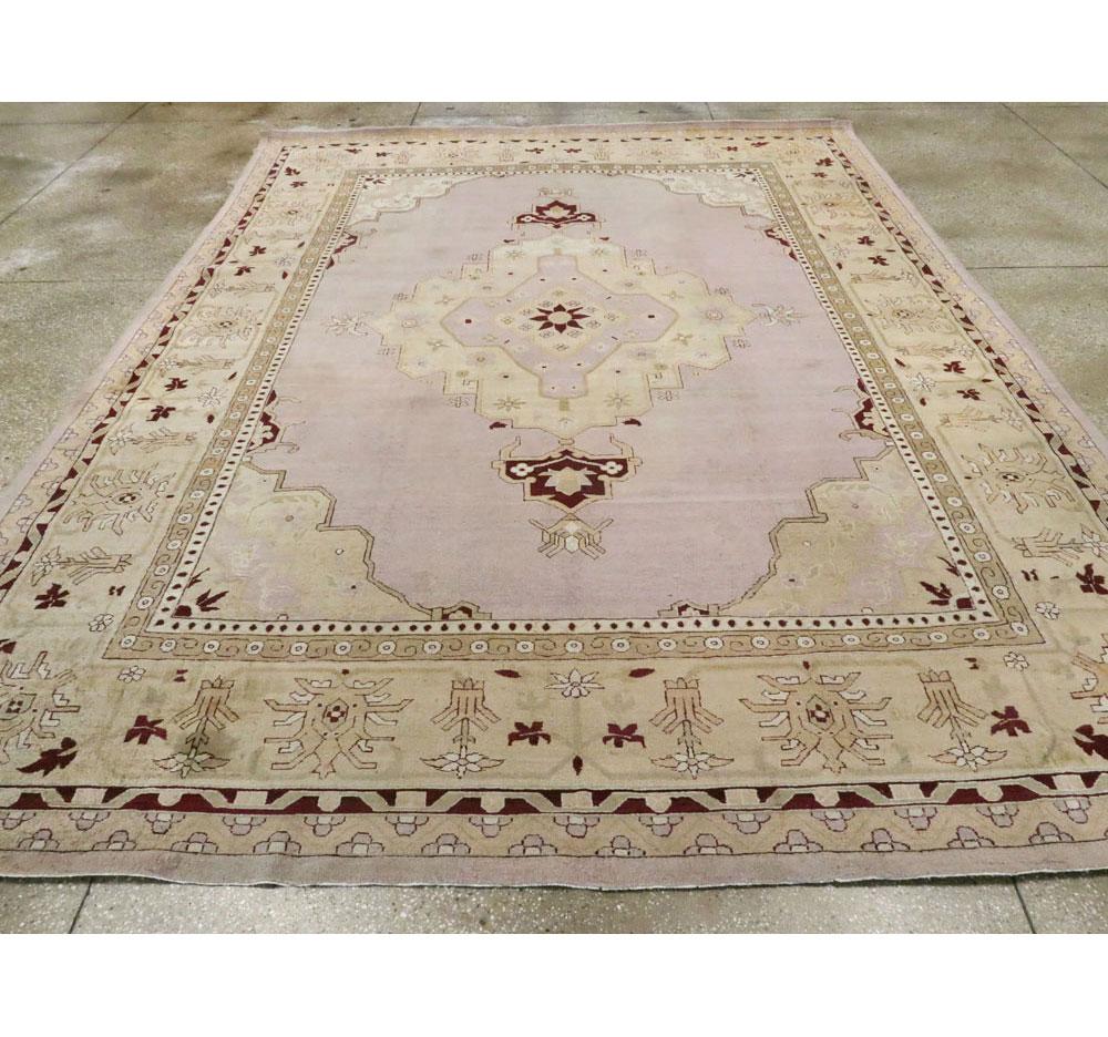 Hand-Knotted Early 20th Century Handmade Agra Room Size Rug in Pale Purple and Beige For Sale