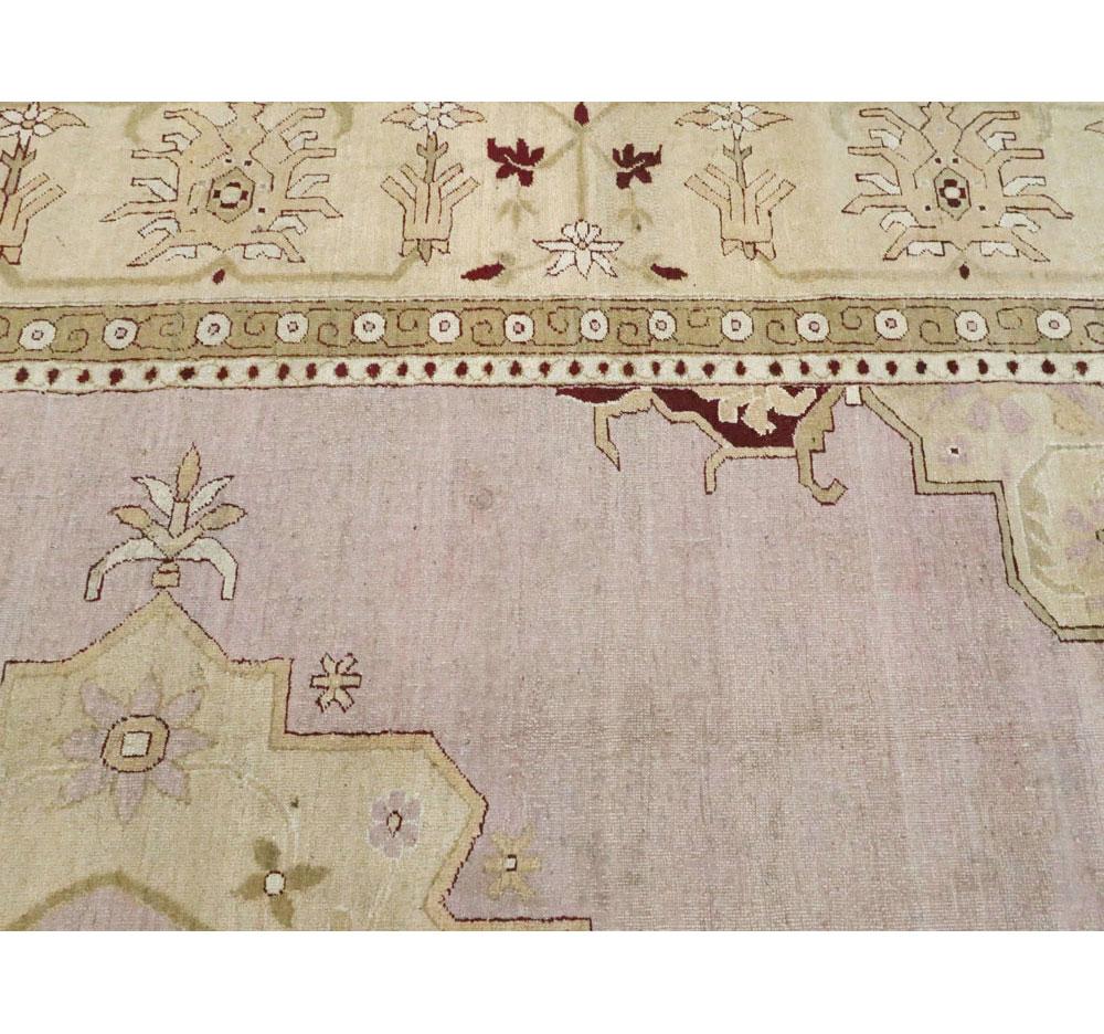 Wool Early 20th Century Handmade Agra Room Size Rug in Pale Purple and Beige For Sale