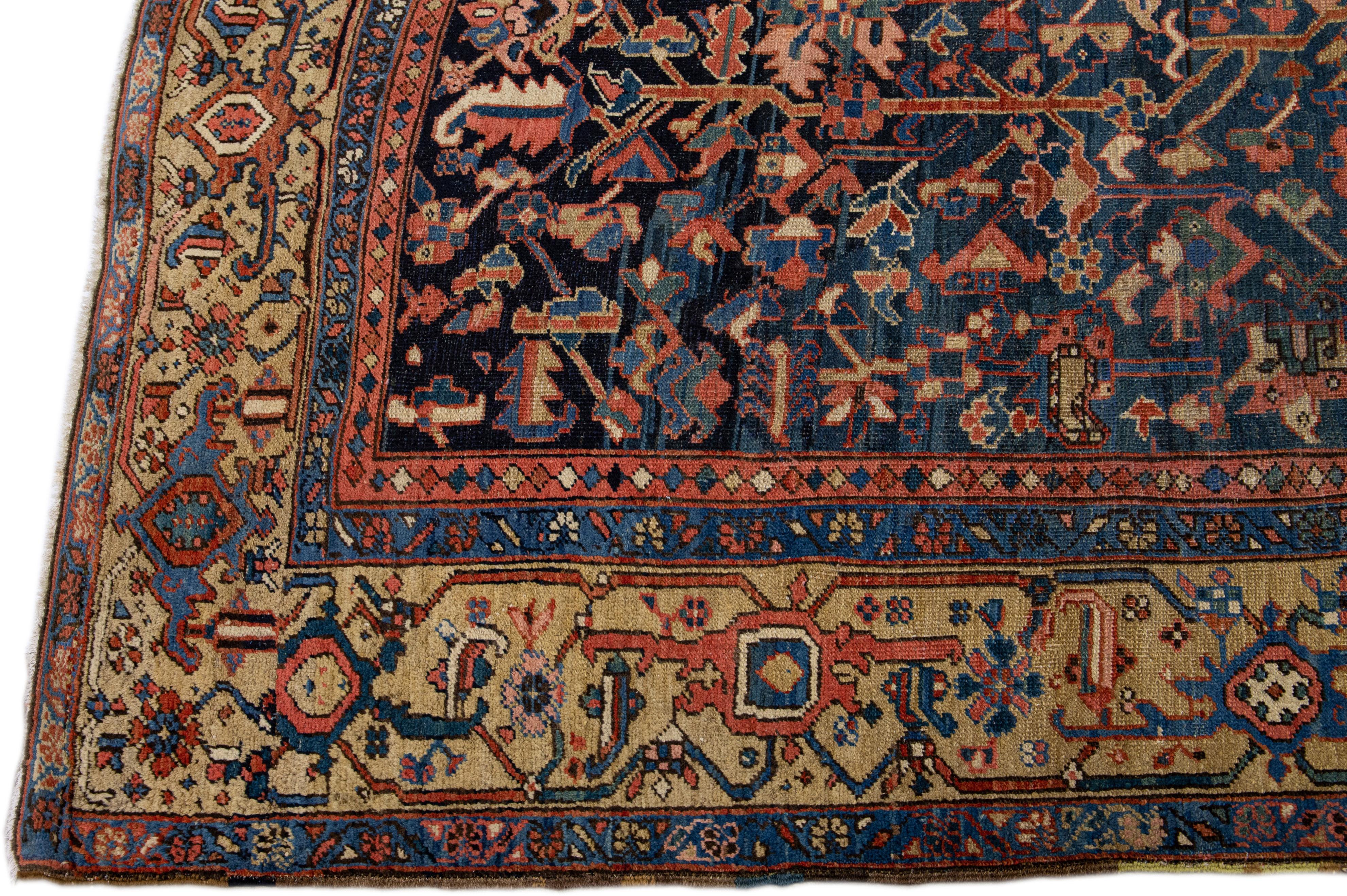 Heriz Serapi Early 20th Century Handmade Antique Blue Heriz Wool Rug with Allover Design For Sale