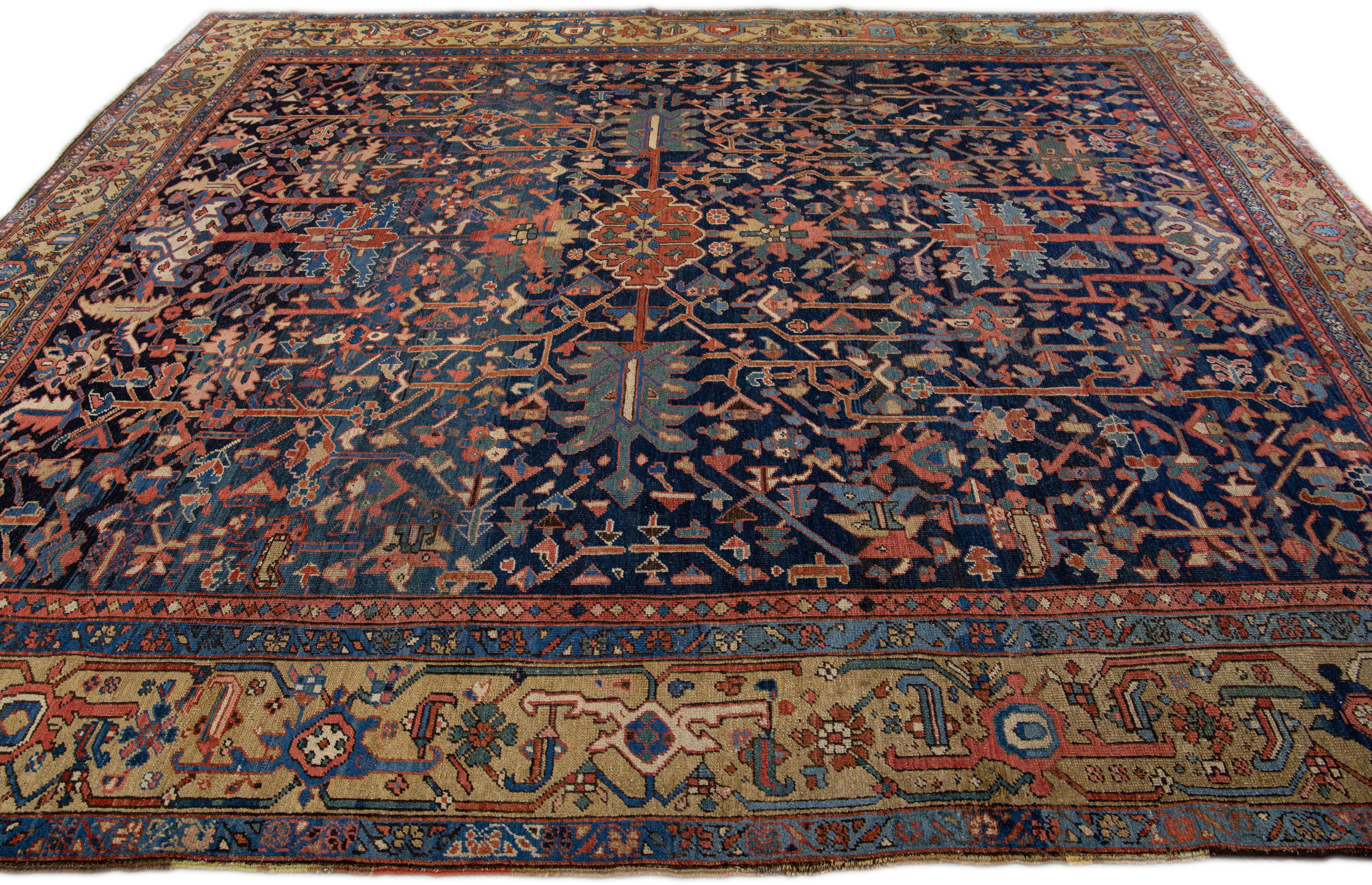 Persian Early 20th Century Handmade Antique Blue Heriz Wool Rug with Allover Design For Sale