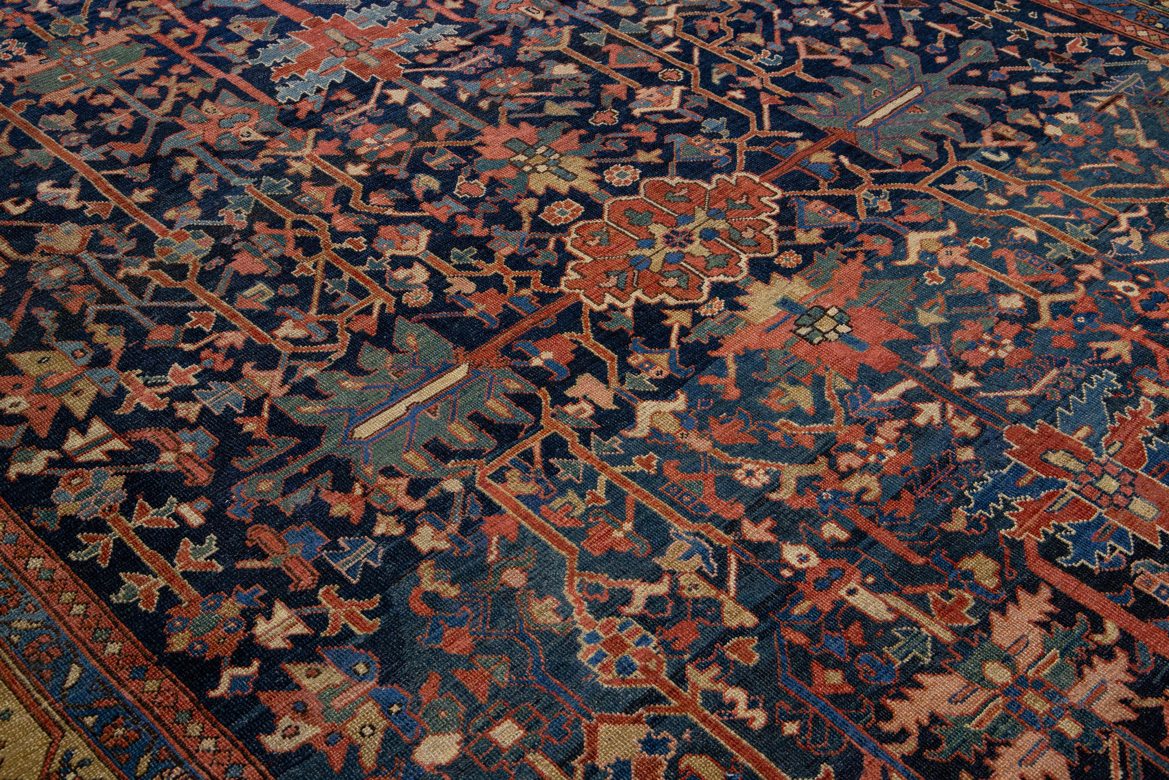 Hand-Knotted Early 20th Century Handmade Antique Blue Heriz Wool Rug with Allover Design For Sale