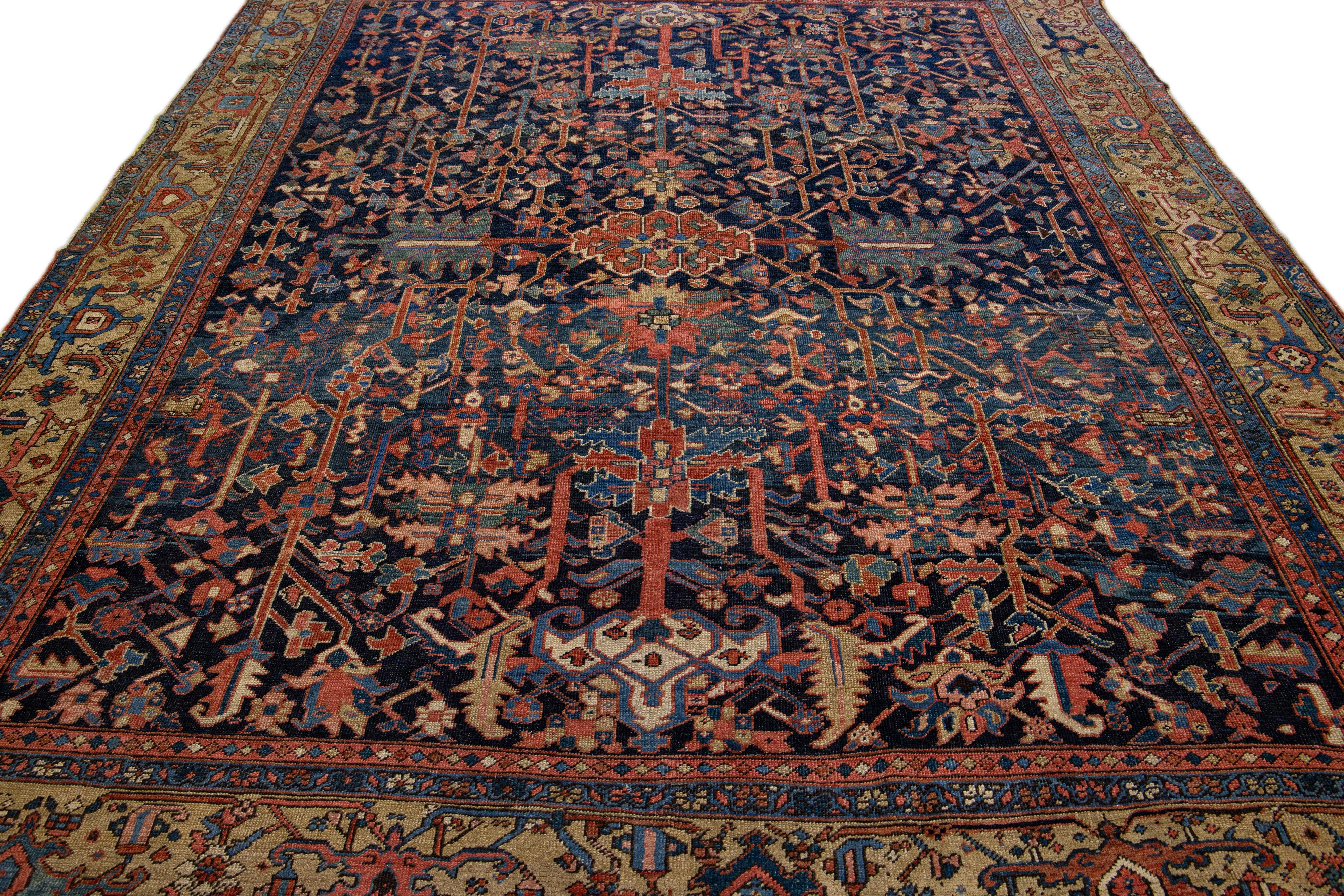 Early 20th Century Handmade Antique Blue Heriz Wool Rug with Allover Design For Sale 1