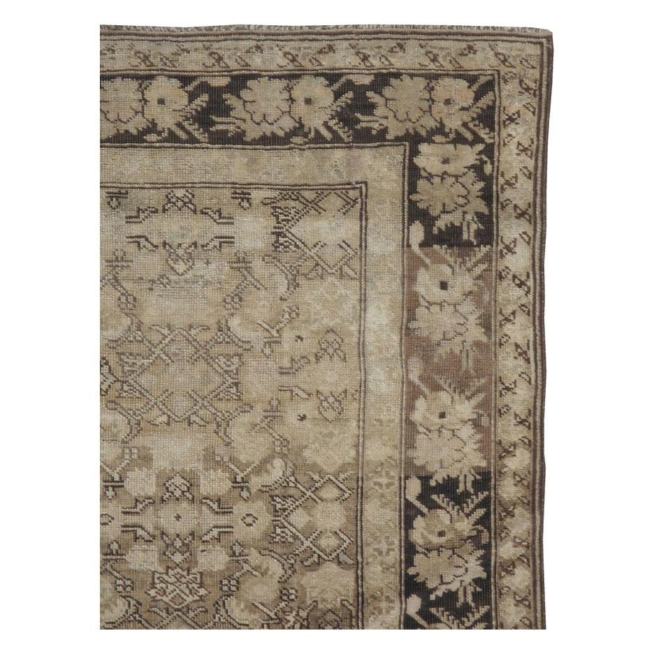 Rustic Early 20th Century Handmade Caucasian Gallery Accent Rug in Neutral Brown For Sale