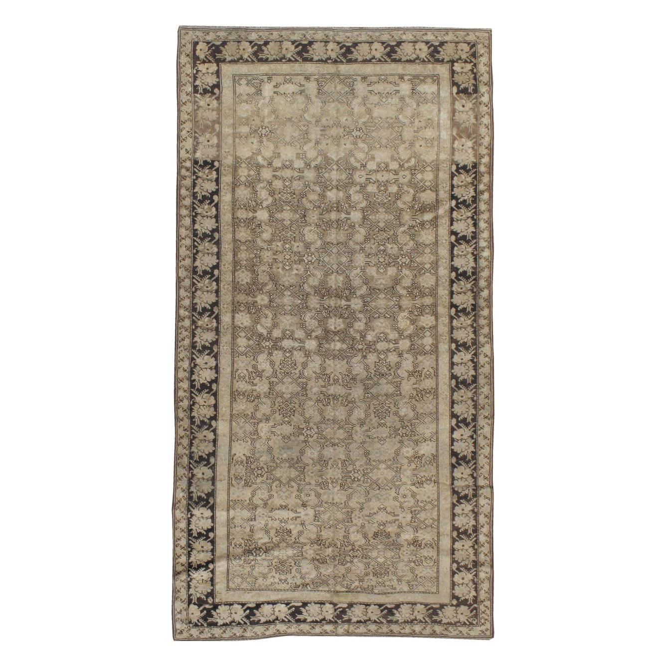 Early 20th Century Handmade Caucasian Gallery Accent Rug in Neutral Brown