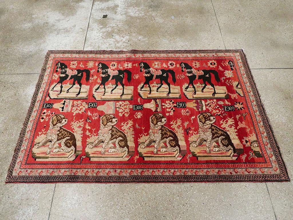 Rustic Early 20th Century Handmade Caucasian Horse & Dog Karabagh Pictorial Accent Rug For Sale