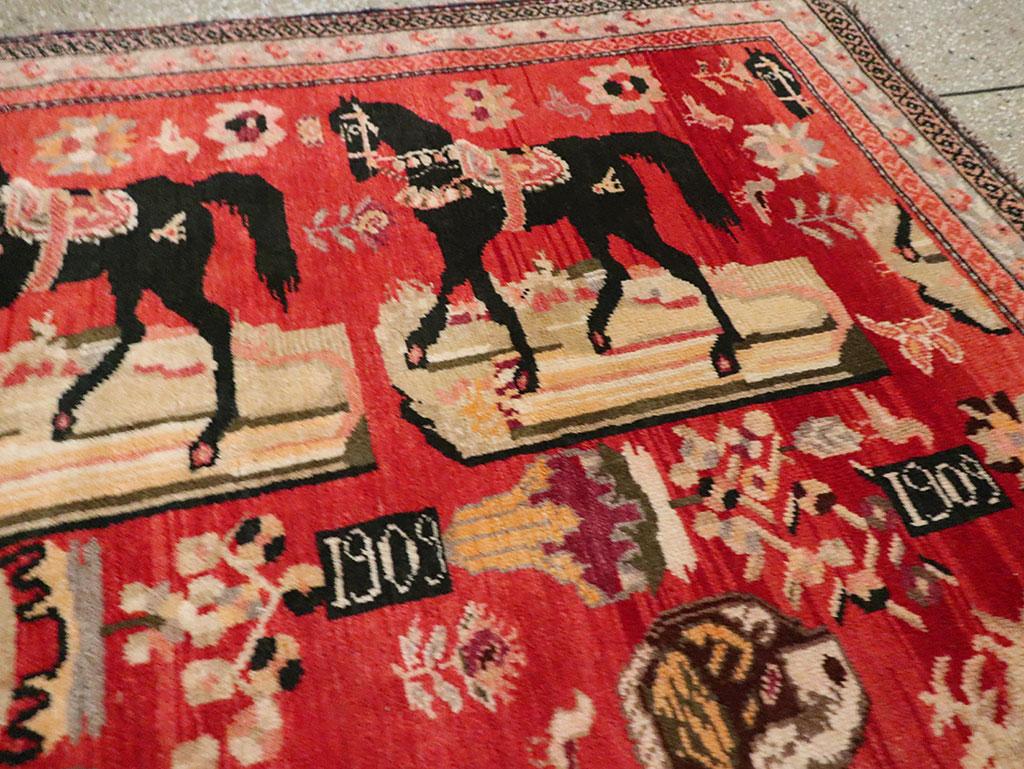 Hand-Knotted Early 20th Century Handmade Caucasian Horse & Dog Karabagh Pictorial Accent Rug For Sale