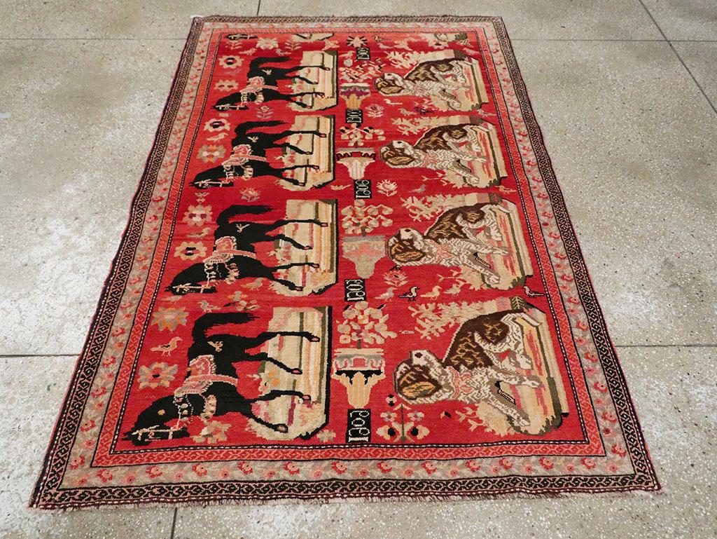 Early 20th Century Handmade Caucasian Horse & Dog Karabagh Pictorial Accent Rug In Excellent Condition For Sale In New York, NY