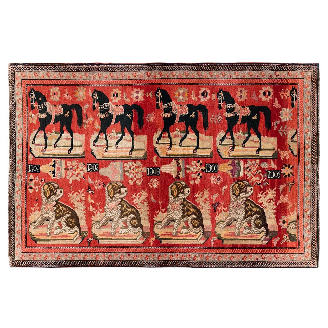 Early 20th Century Handmade Caucasian Horse & Dog Karabagh Pictorial Accent Rug