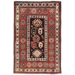 Antique Early 20th Century Handmade Caucasian Kazak Throw Rug