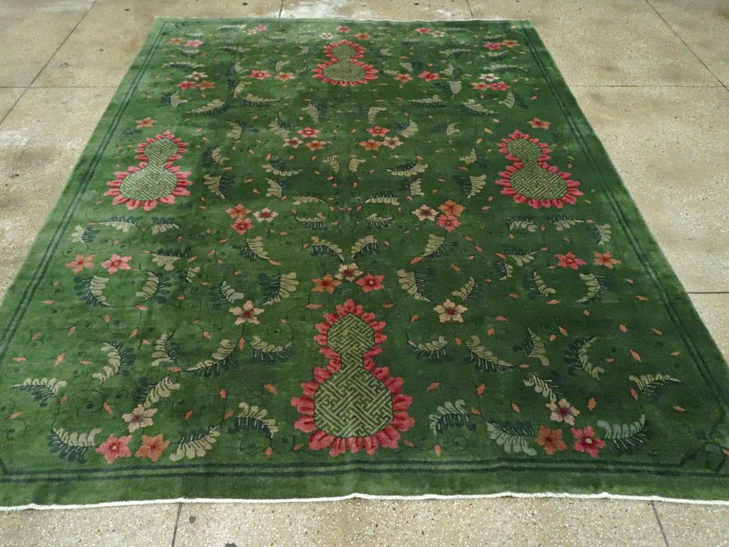 Hand-Knotted Early 20th Century Handmade Chinese Art Deco Room Size Carpet in Green