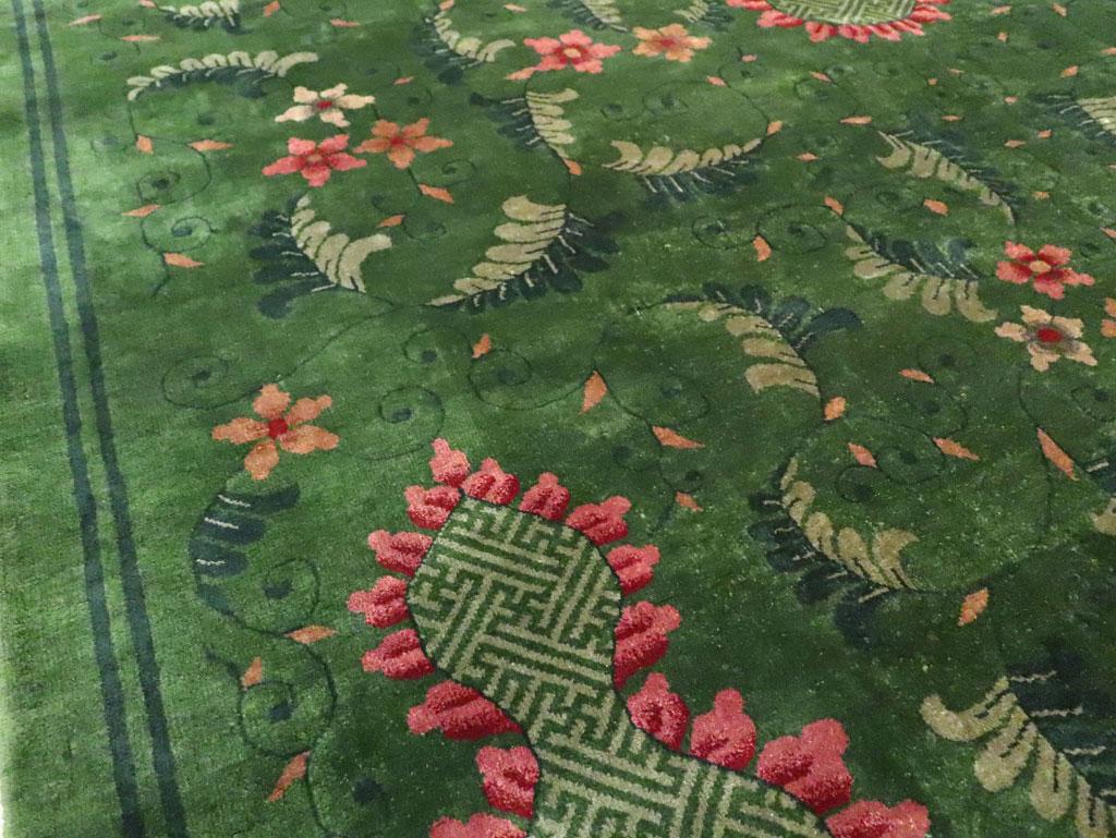 Wool Early 20th Century Handmade Chinese Art Deco Room Size Carpet in Green