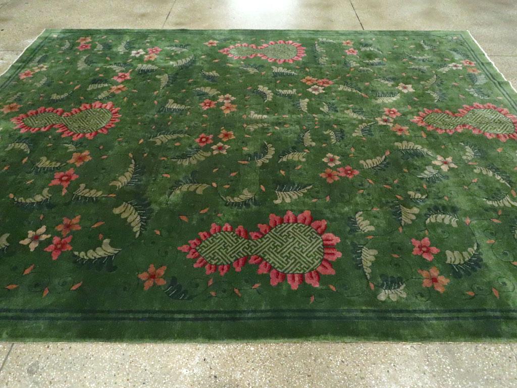 Early 20th Century Handmade Chinese Art Deco Room Size Carpet in Green 1