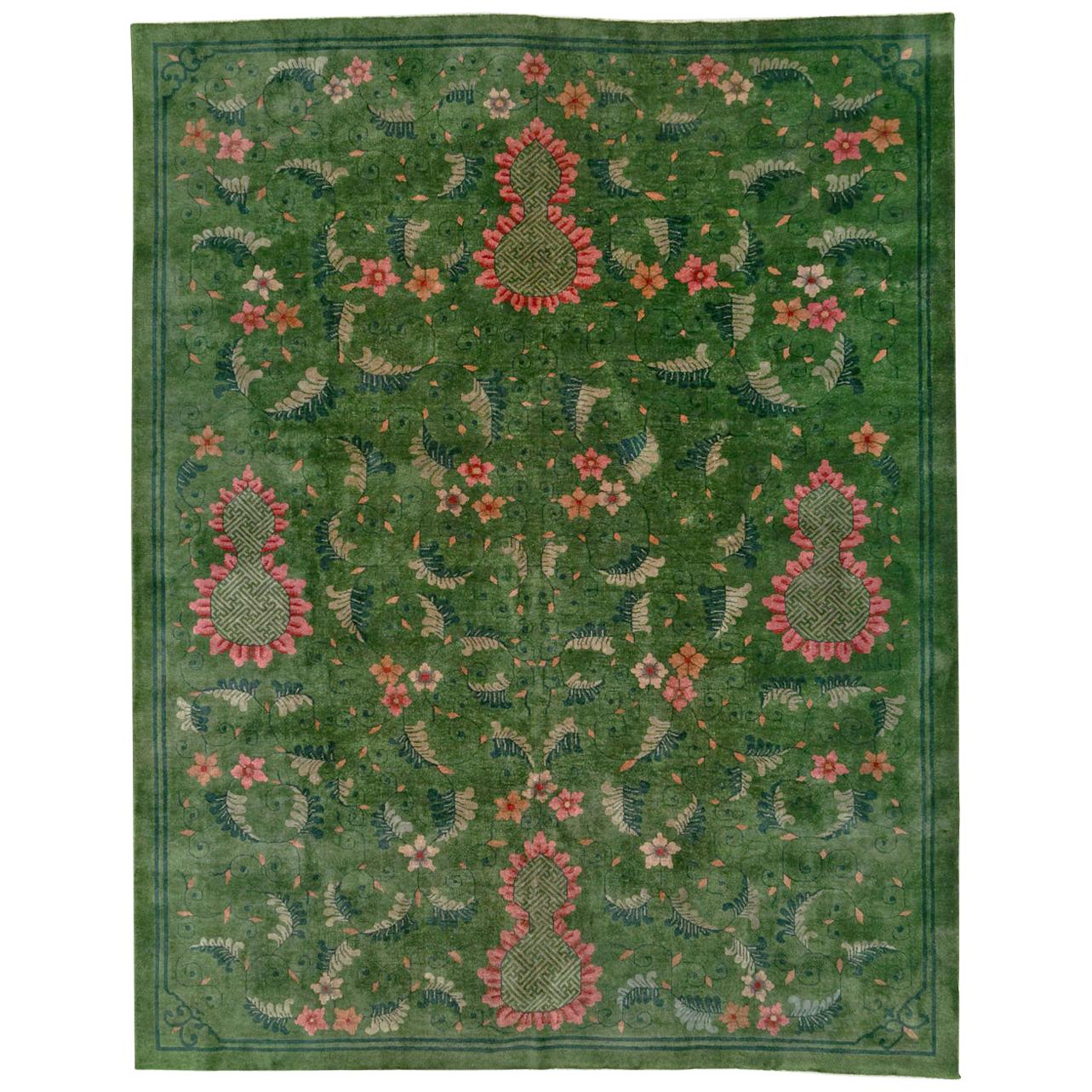 Early 20th Century Handmade Chinese Art Deco Room Size Carpet in Green