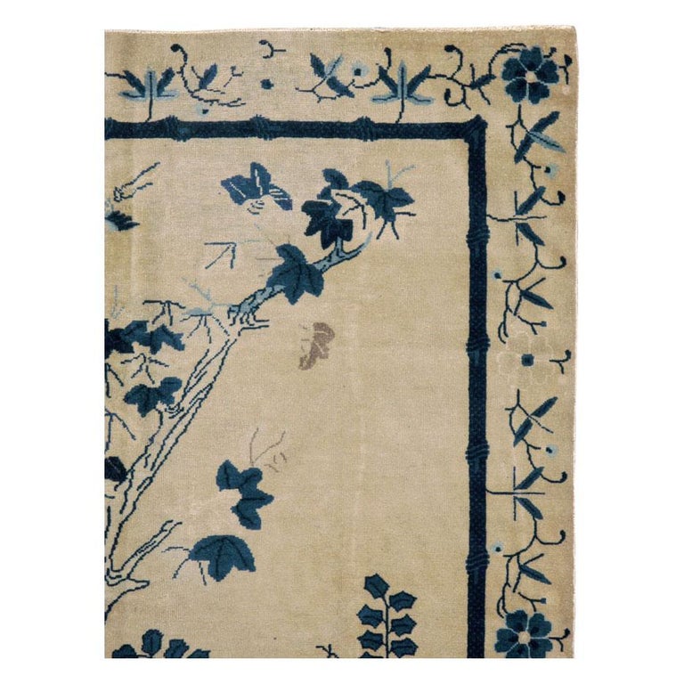 Art Deco Early 20th Century Handmade Chinese Peking Long Gallery Carpet in Cream & Blue For Sale